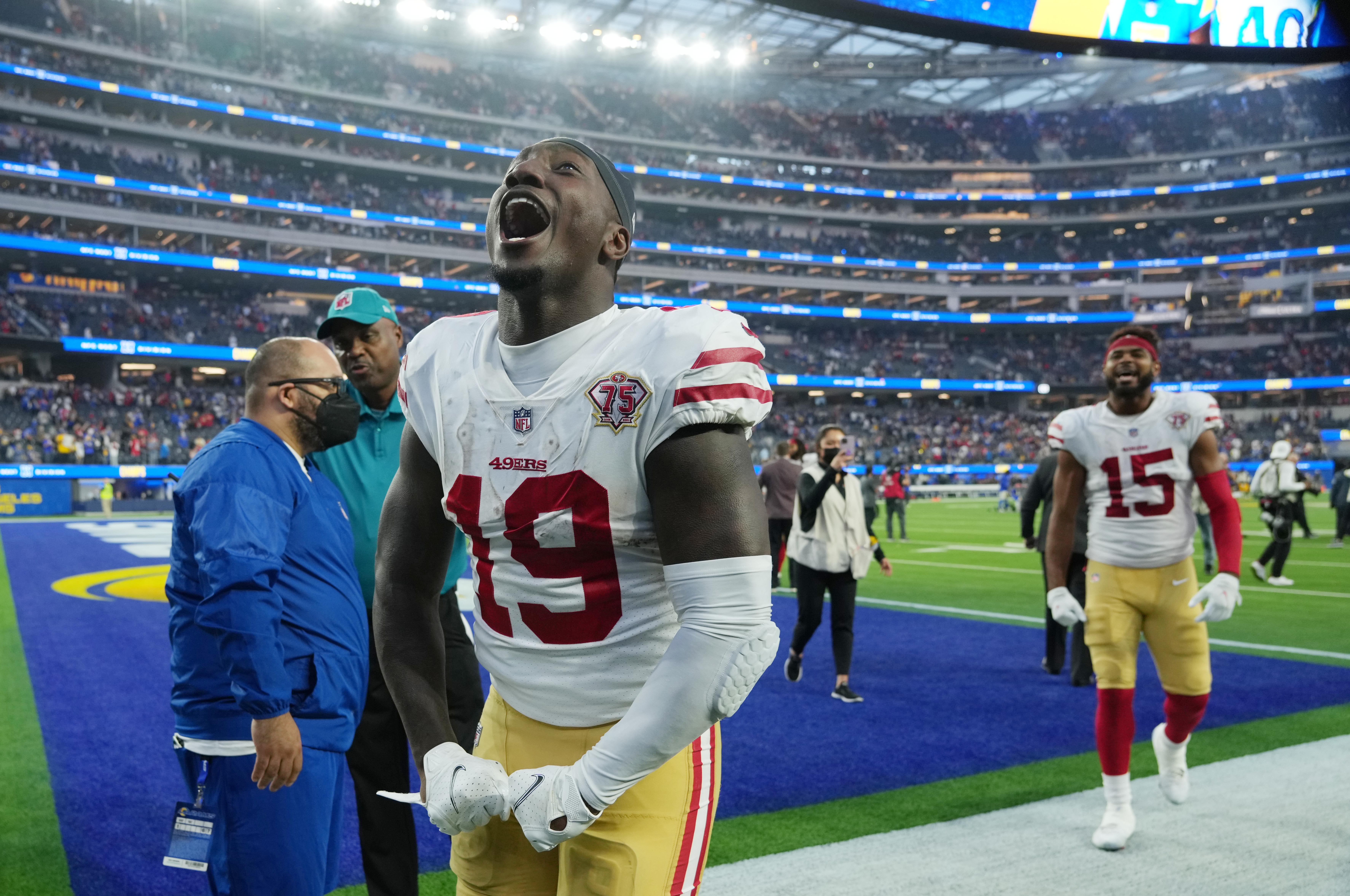 Jan 9, 2022; Inglewood, California, USA; San Francisco 49ers wide receiver Deebo Samuel celebrates after defeating the Los Angeles Rams at SoFi Stadium. Mandatory Credit: Kirby Lee-USA TODAY Sports
