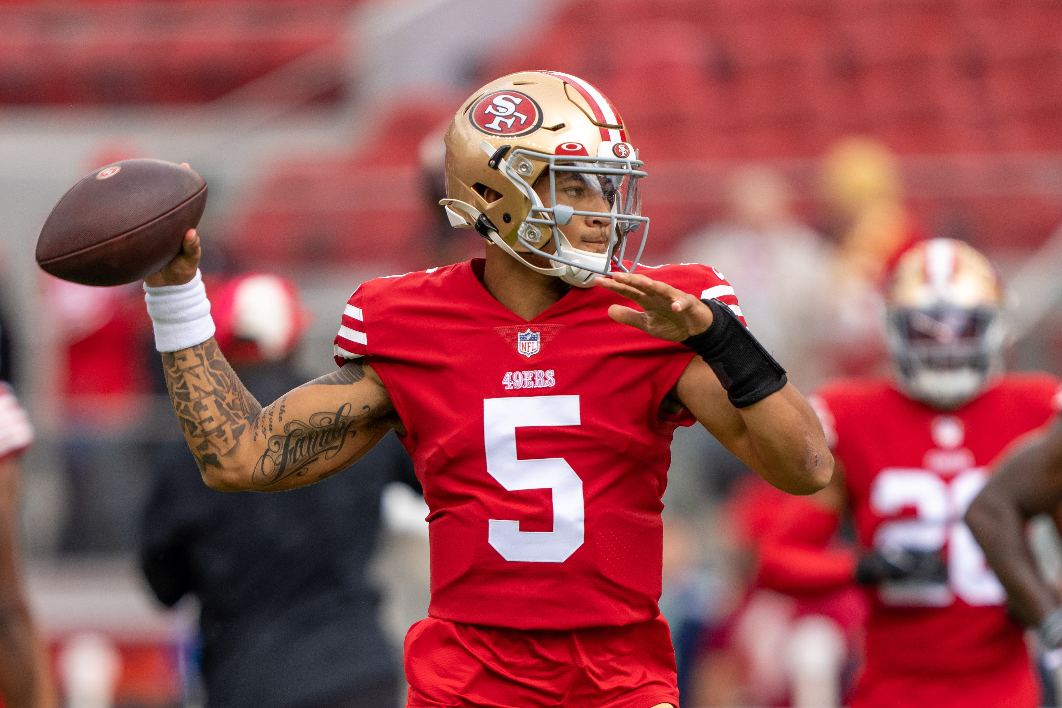 September 18, 2022; Santa Clara, California, USA; San Francisco 49ers quarterback Trey Lance (5) before the game against the Seattle Seahawks at Levi's Stadium. Mandatory Credit: Kyle Terada-USA TODAY Sports