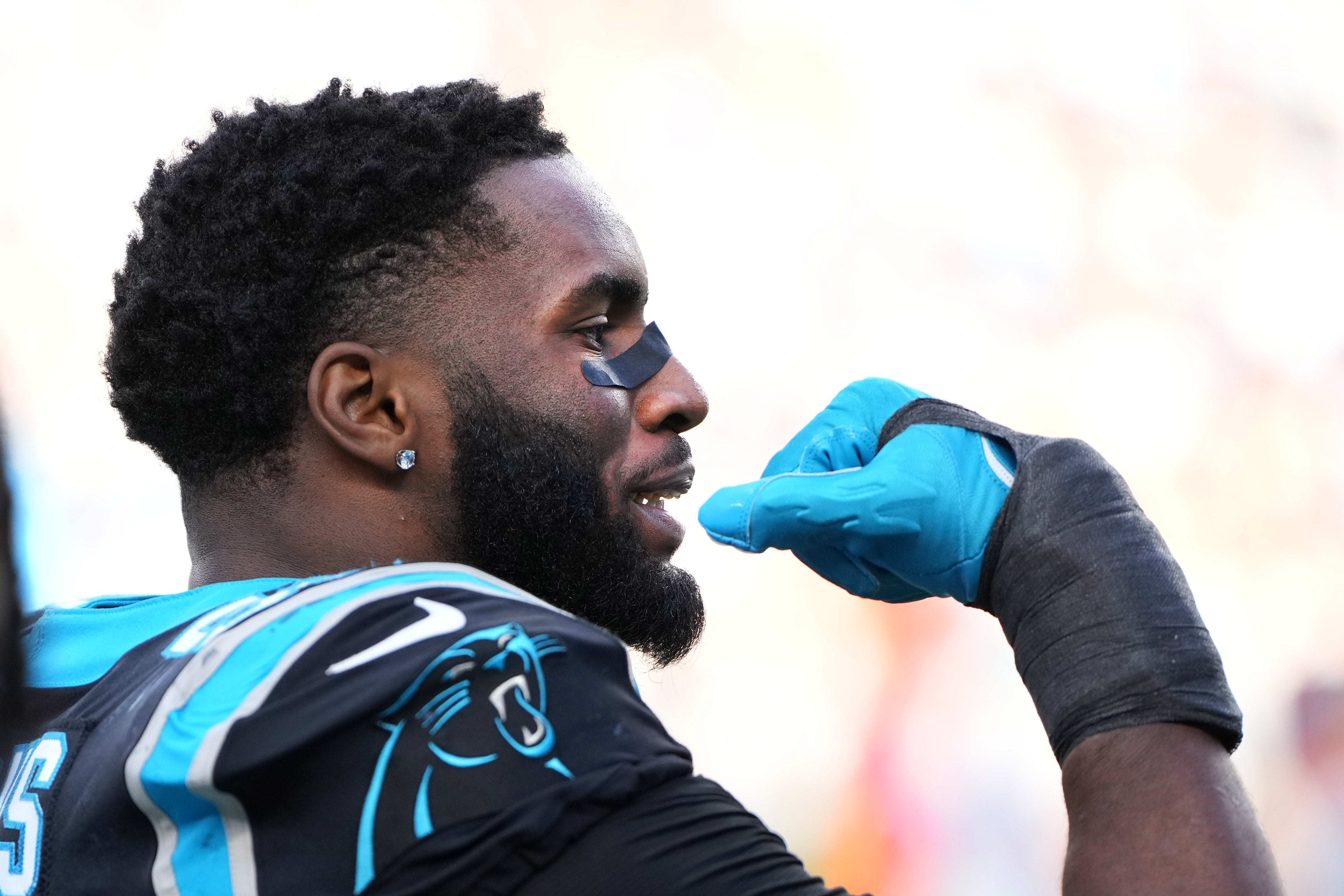 Nov 27, 2022; Charlotte, North Carolina, USA; Carolina Panthers defensive end Brian Burns (53) reacts in the fourth quarter at Bank of America Stadium.
