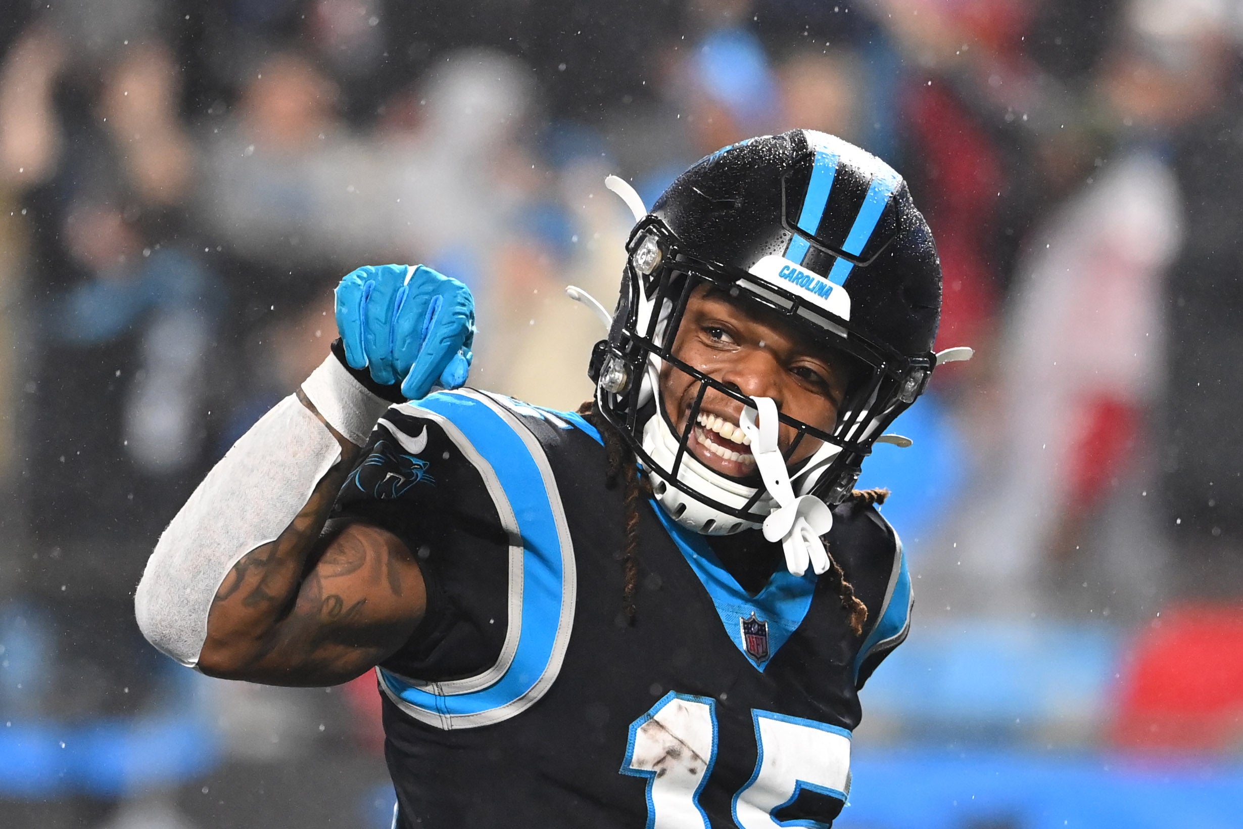 Nov 10, 2022; Charlotte, North Carolina, USA; Carolina Panthers wide receiver Laviska Shenault Jr. (15) reacts after scoring a touchdown in the second quarter at Bank of America Stadium.
