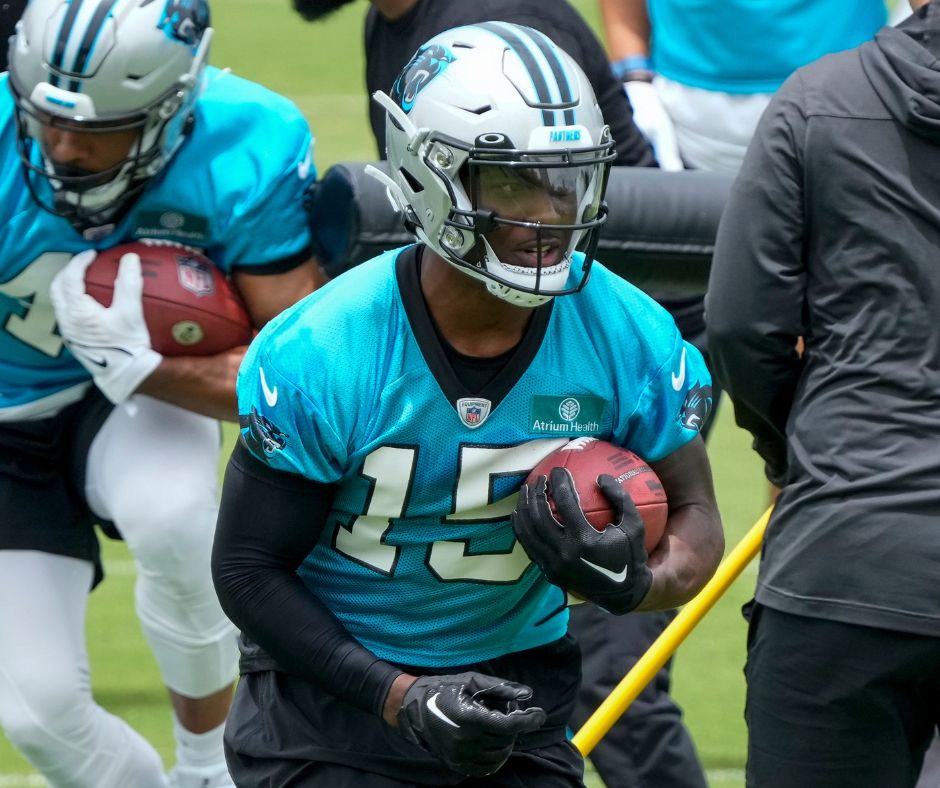 Jun 14, 2023; Charlotte, NC, USA; Carolina Panthers wide receiver Jonathan Mingo (15) during a run drill during the Carolina Panthers minicamp.