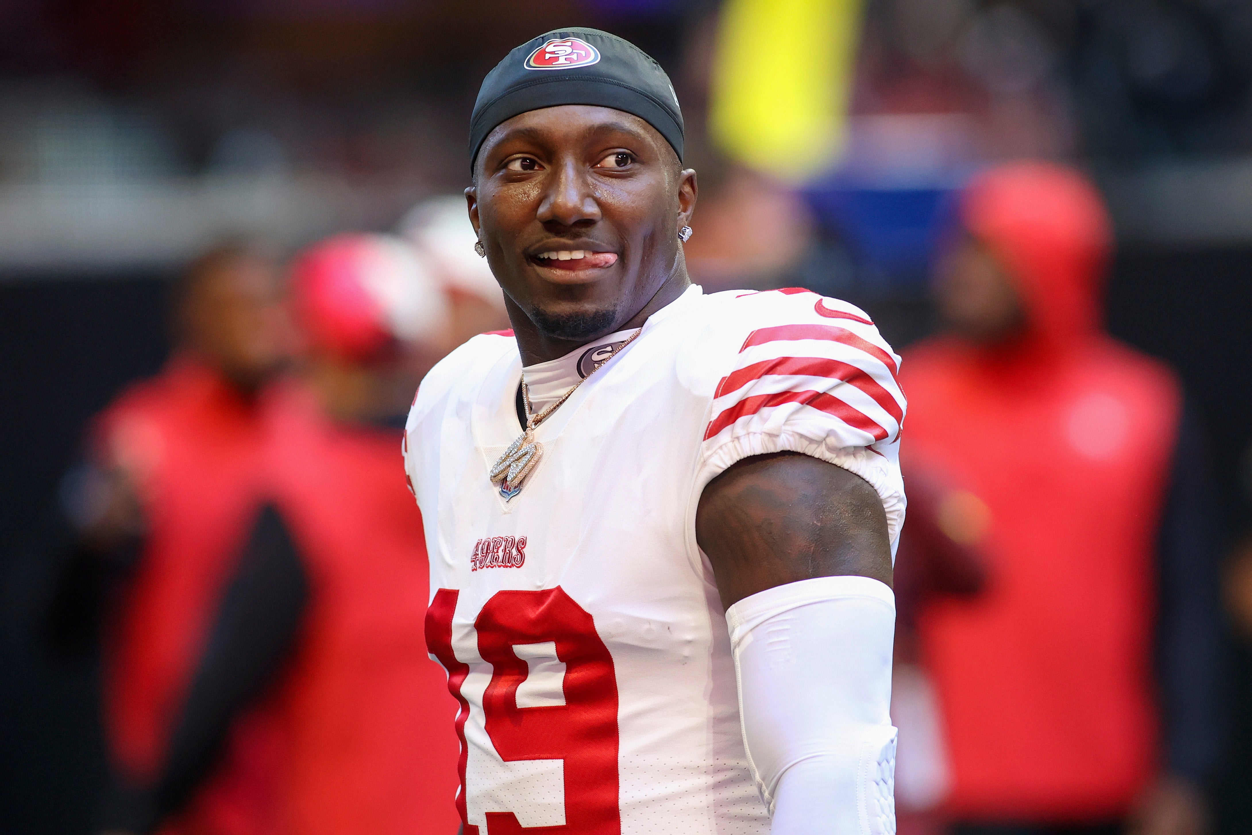 Oct 16, 2022; Atlanta, Georgia, USA; San Francisco 49ers wide receiver Deebo Samuel (19) on the field before a game against the Atlanta Falcons at Mercedes-Benz Stadium. Mandatory Credit: Brett Davis-USA TODAY Sports