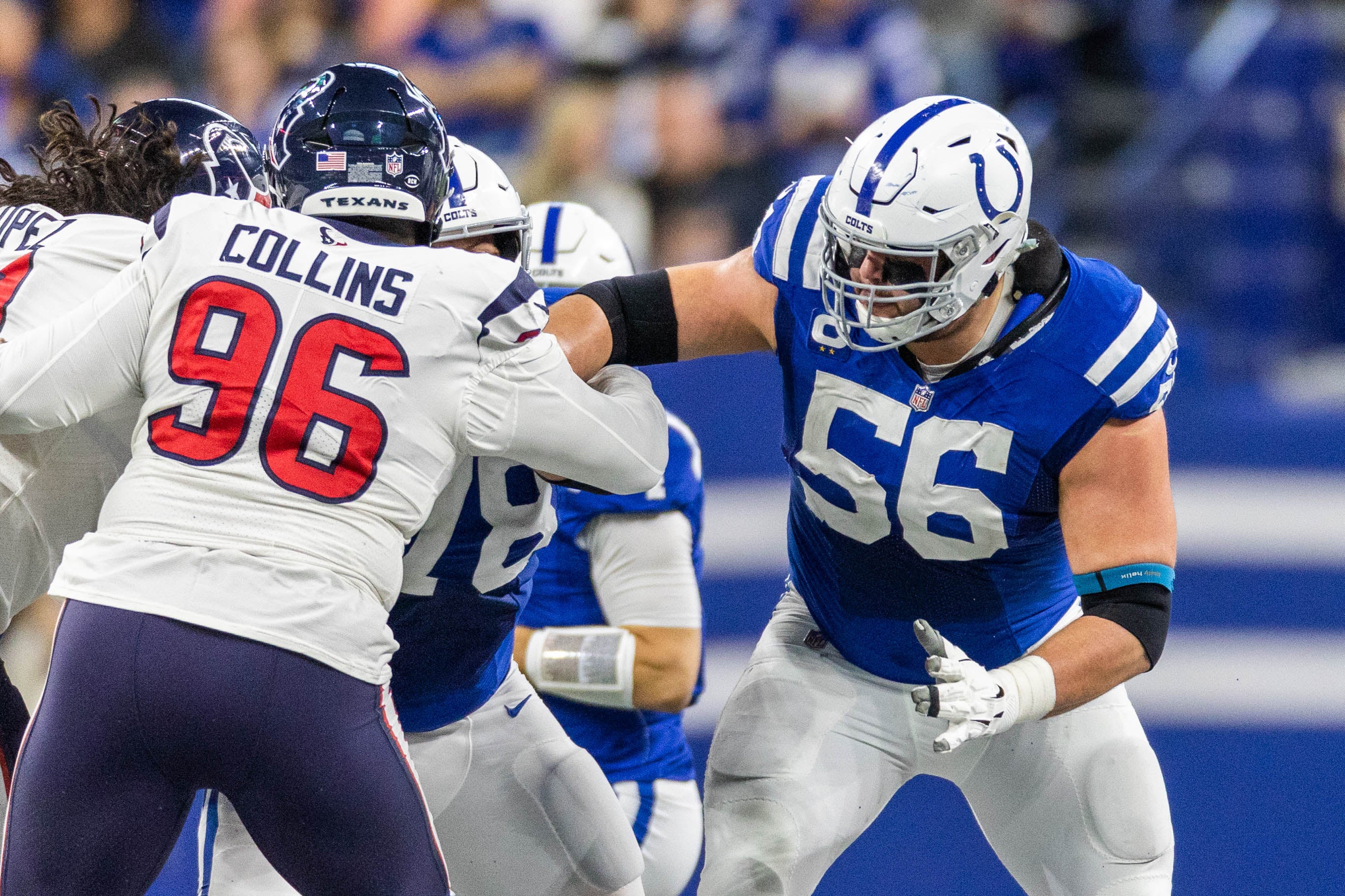 Jan 8, 2023; Indianapolis, Indiana, USA; Indianapolis Colts guard Quenton Nelson (56) in the first half against the Houston Texans at Lucas Oil Stadium. Mandatory Credit: Trevor Ruszkowski-USA TODAY Sports