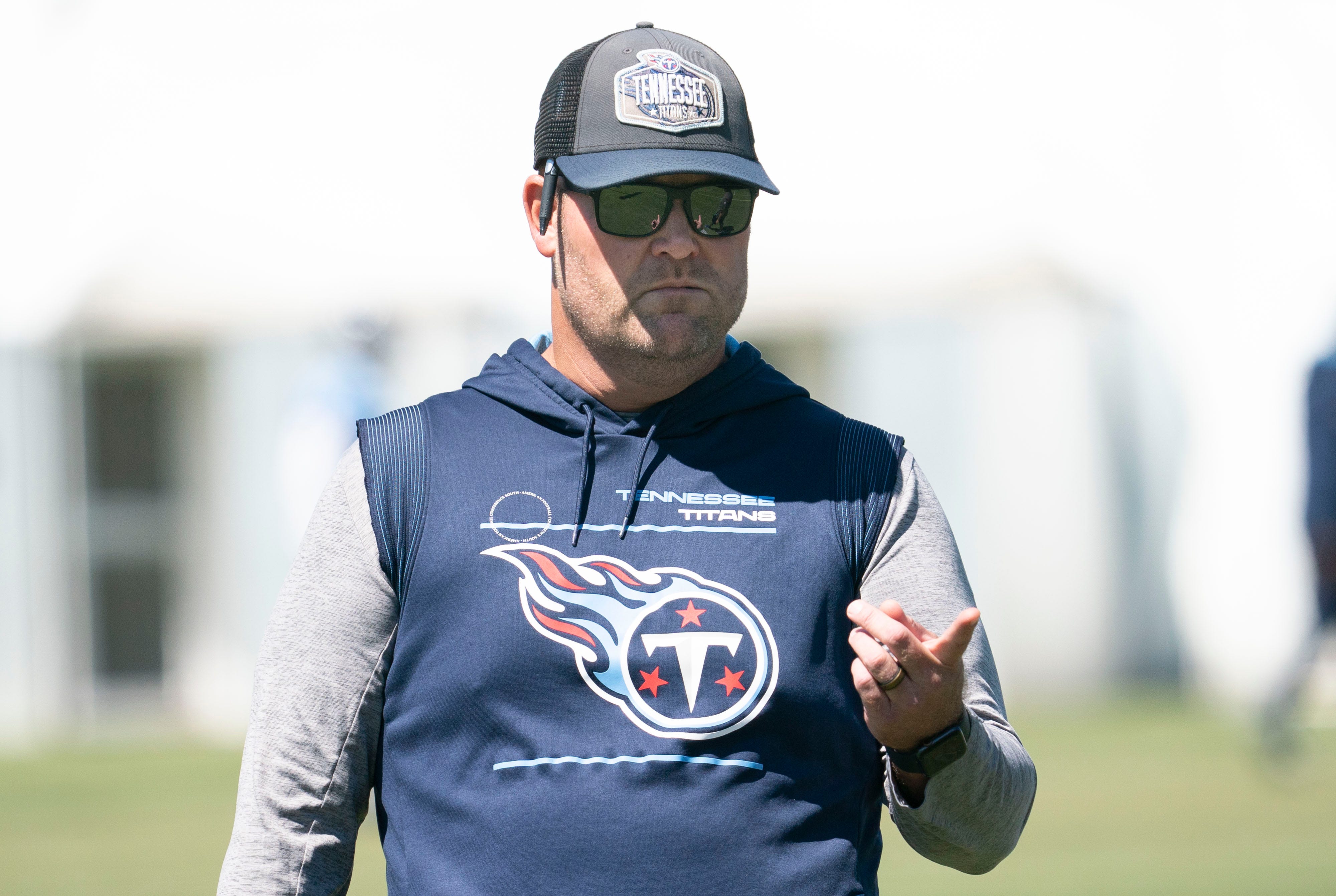 Tennessee Titans general manager Jon Robinson watches practice at Ascension Saint Thomas Sports Park Thursday, Sept. 8, 2022, in Nashville, Tenn.