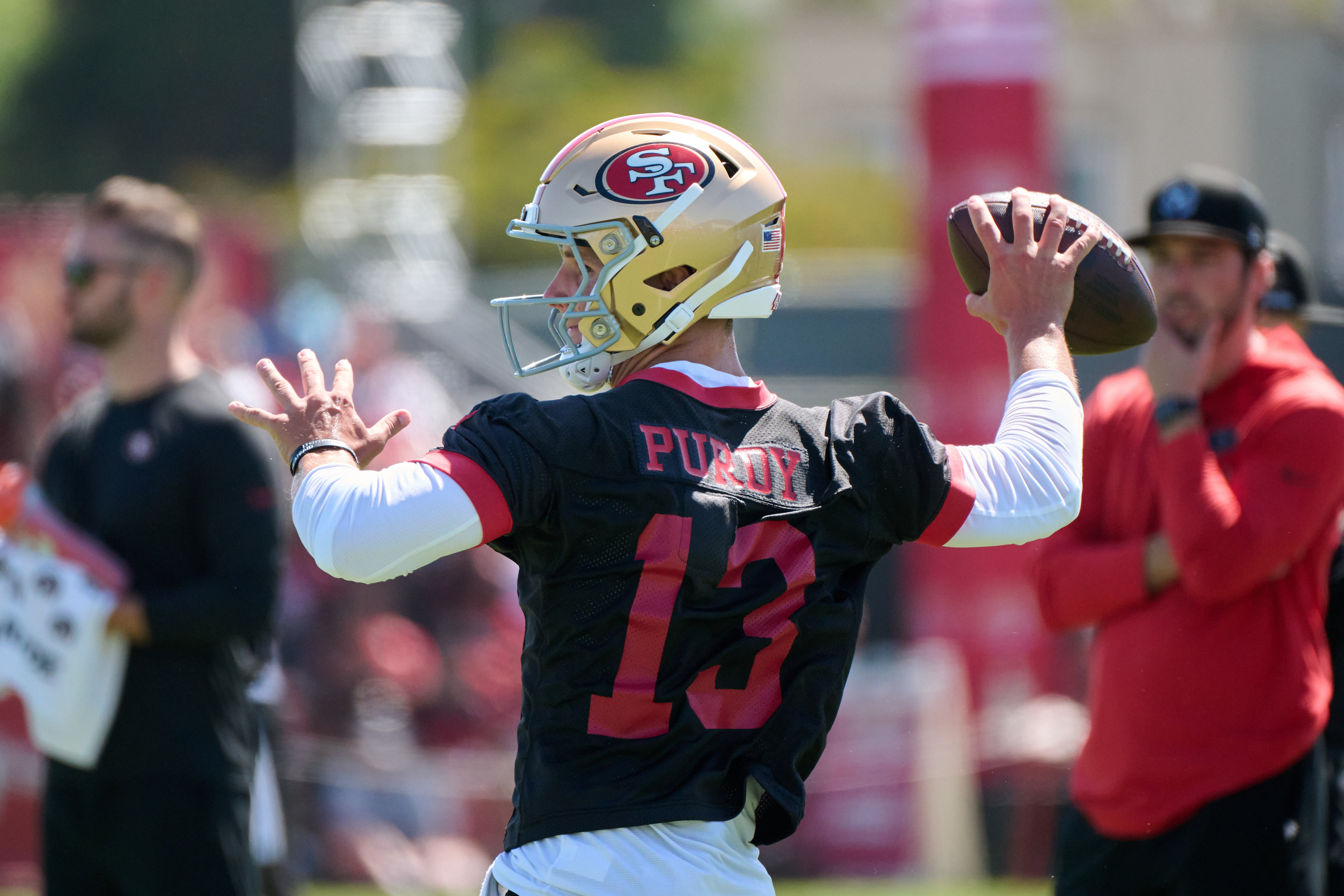 Jul 27, 2023; Santa Clara, CA, USA; San Francisco 49ers quarterback Brock Purdy (13) throws a pass during training camp at the SAP Performance Facility. Mandatory Credit: Robert Edwards-USA TODAY Sports