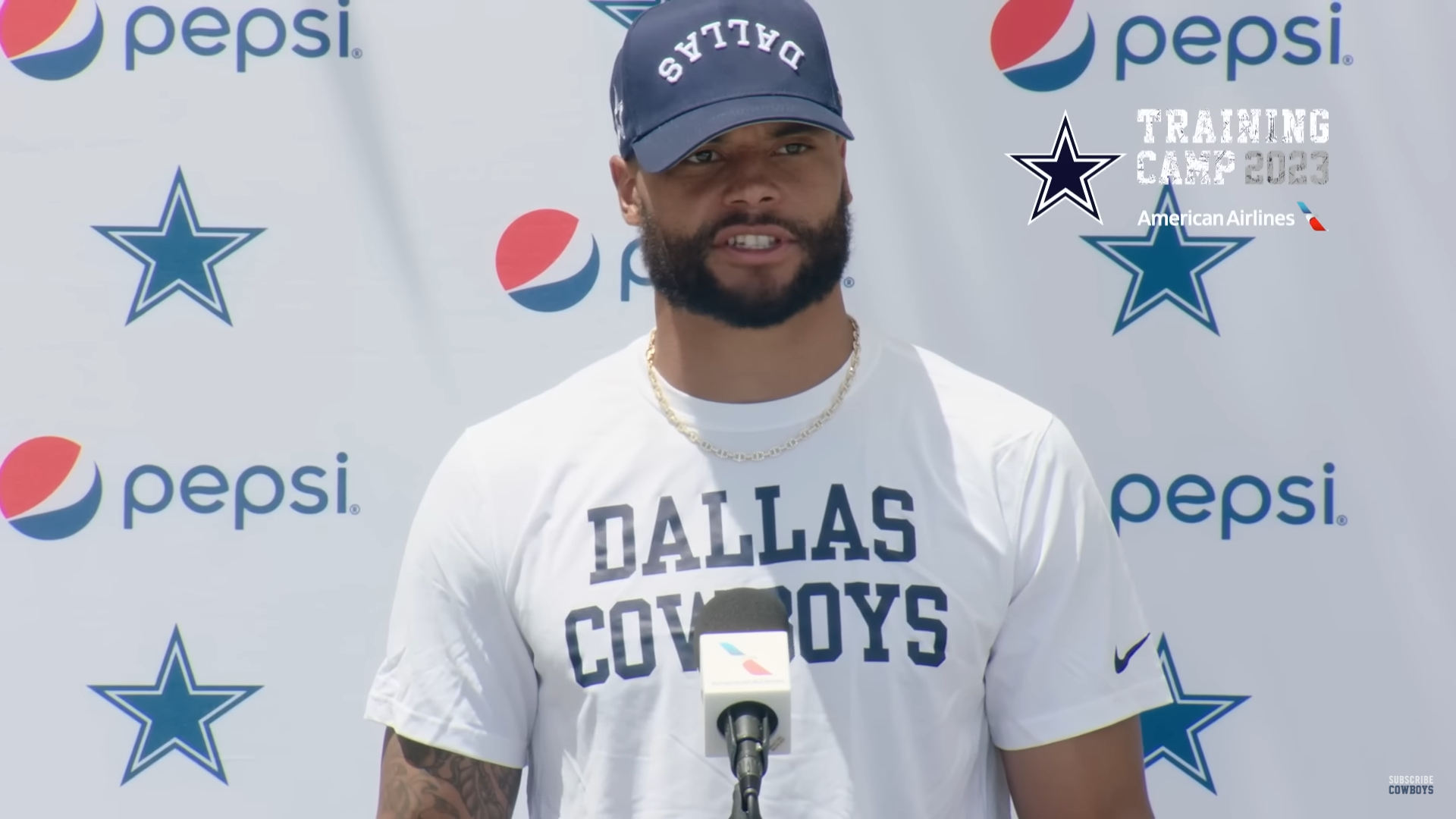 Dallas Cowboys quarterback Dak Prescott talks to reporters in Training Camp at Oxnard, California.