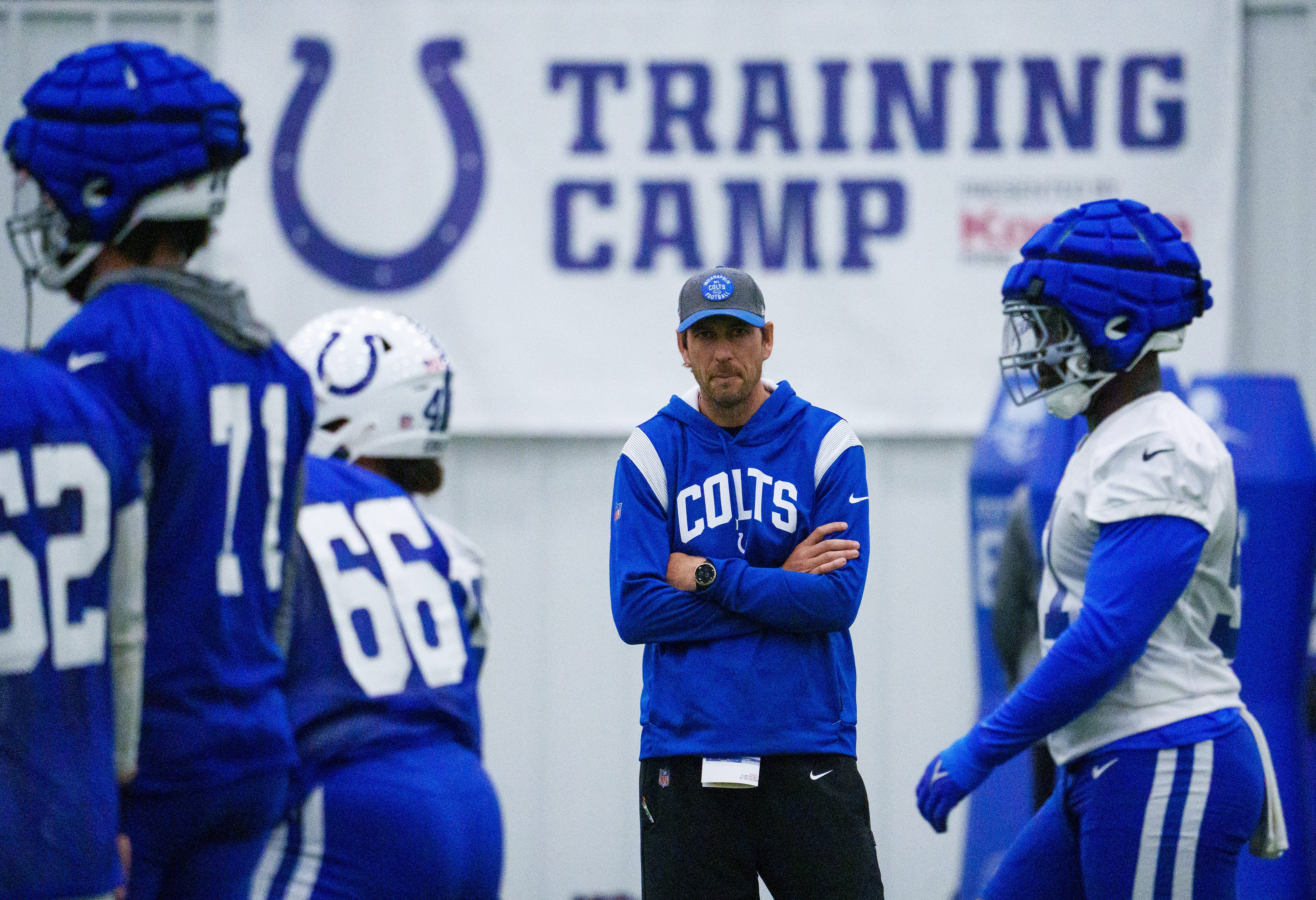 Indianapolis Colts head coach Shane Steichen watches special teams drills Friday, July 28, 2023, during an indoor practice at Grand Park Sports Campus in Westfield, Indiana.