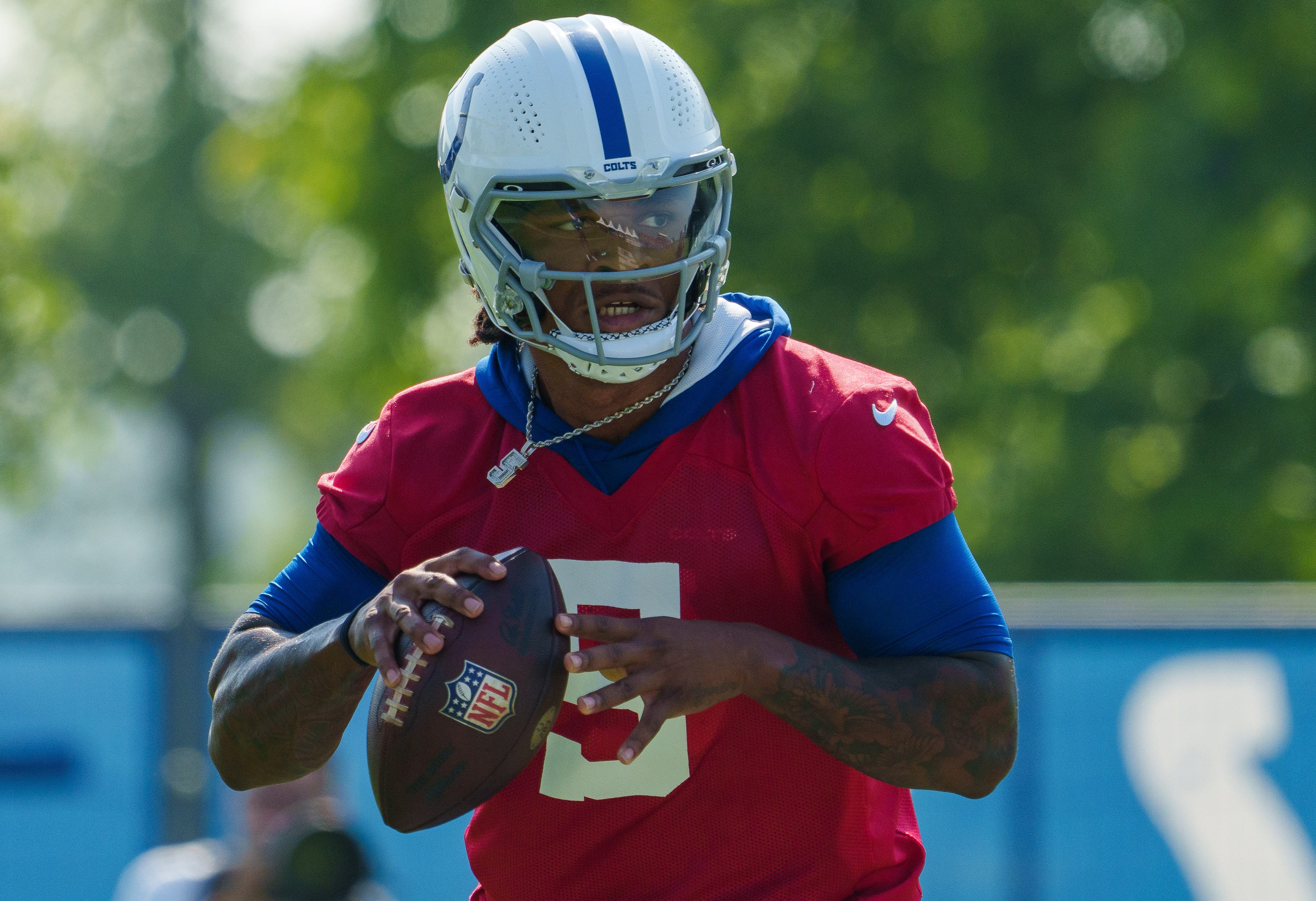 Indianapolis Colts quarterback Anthony Richardson (5) works through drills during the first day of training camp practice Wednesday, July 26, 2023, at Grand Park Sports Complex in Westfield, Indiana.