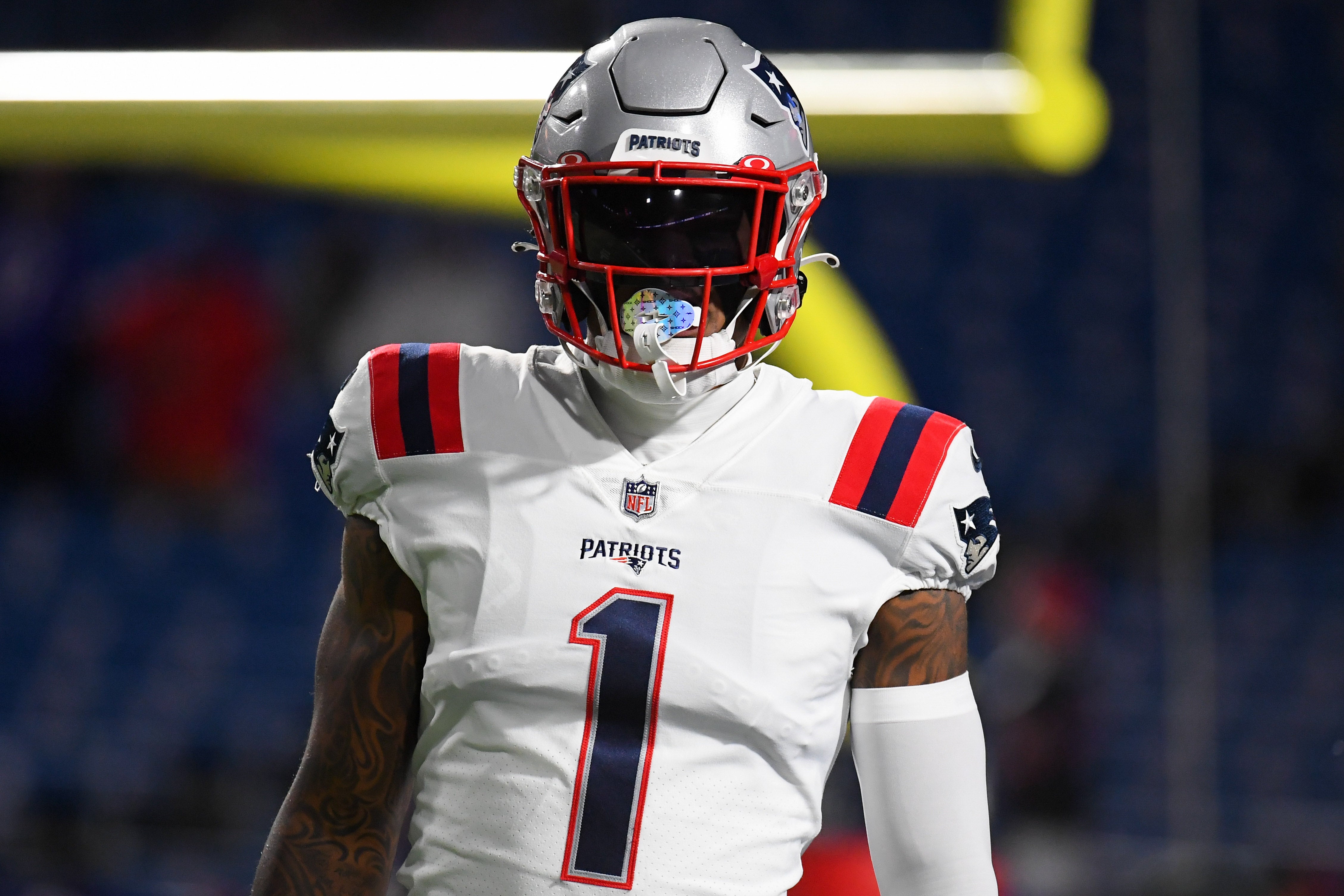 Dec 6, 2021; Orchard Park, New York, USA; New England Patriots wide receiver N'Keal Harry (1) prior to the game against the Buffalo Bills at Highmark Stadium.