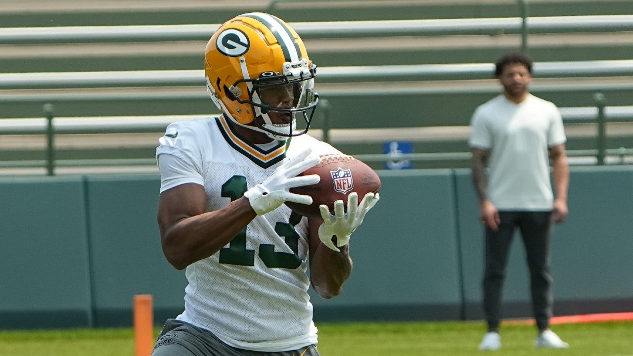 Green Bay Packers wide receiver Dontayvion Wicks (13) is shown during organized team activities Tuesday, May 23, 2023 in Green Bay, Wis.