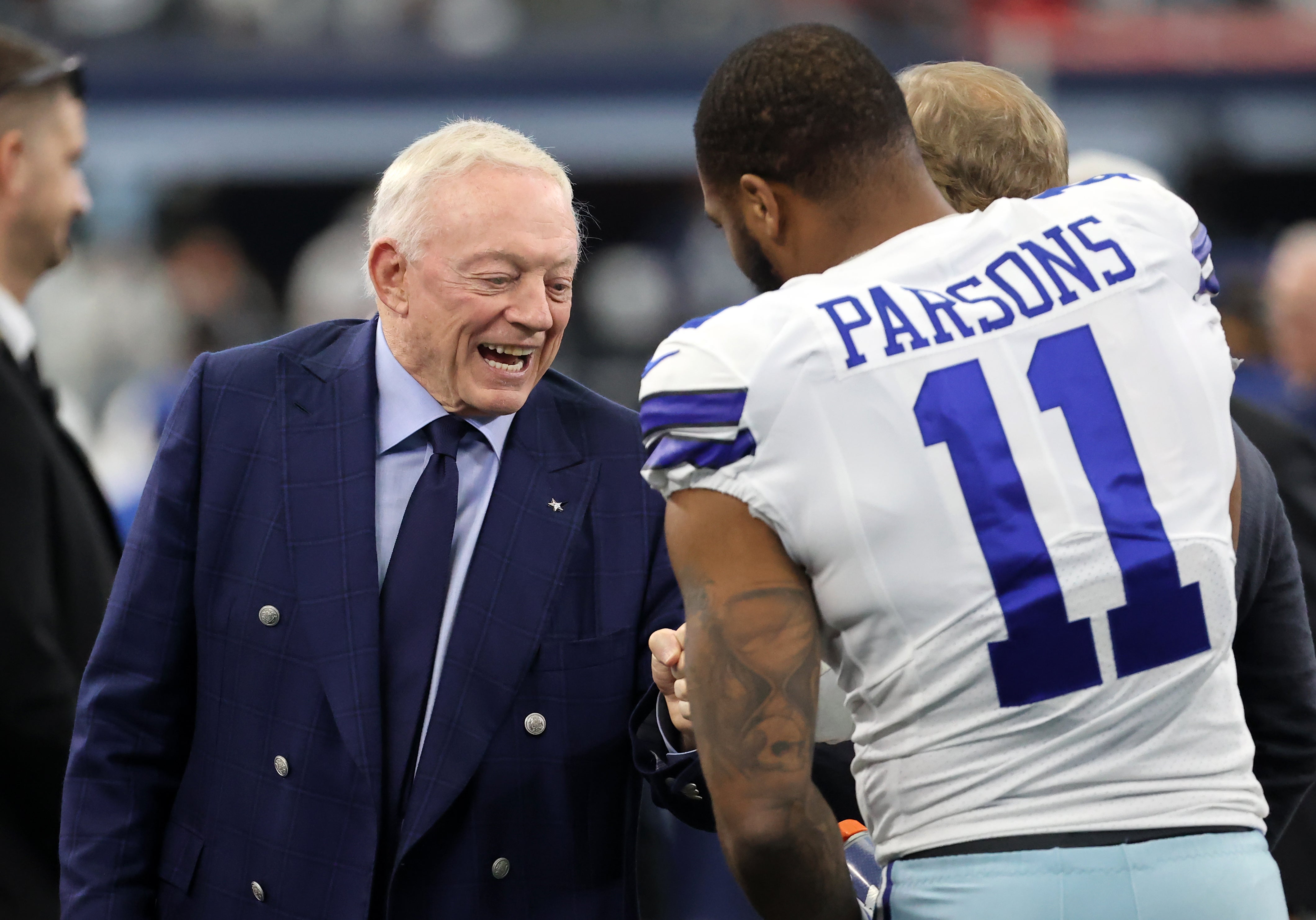 Dallas Cowboys owner Jerry Jones with edge rusher Micah Parsons before a game.