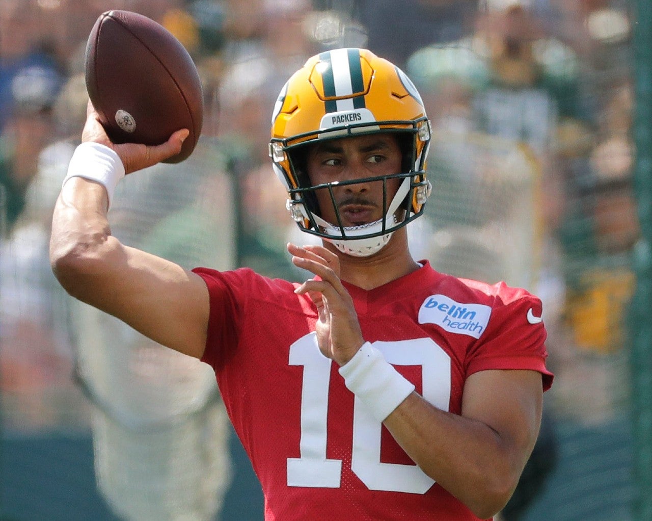 Green Bay Packers quarterback Jordan Love (10) participates during training camp Thursday, July 27, 2023, at Ray Nitschke Field in Green Bay, Wis.