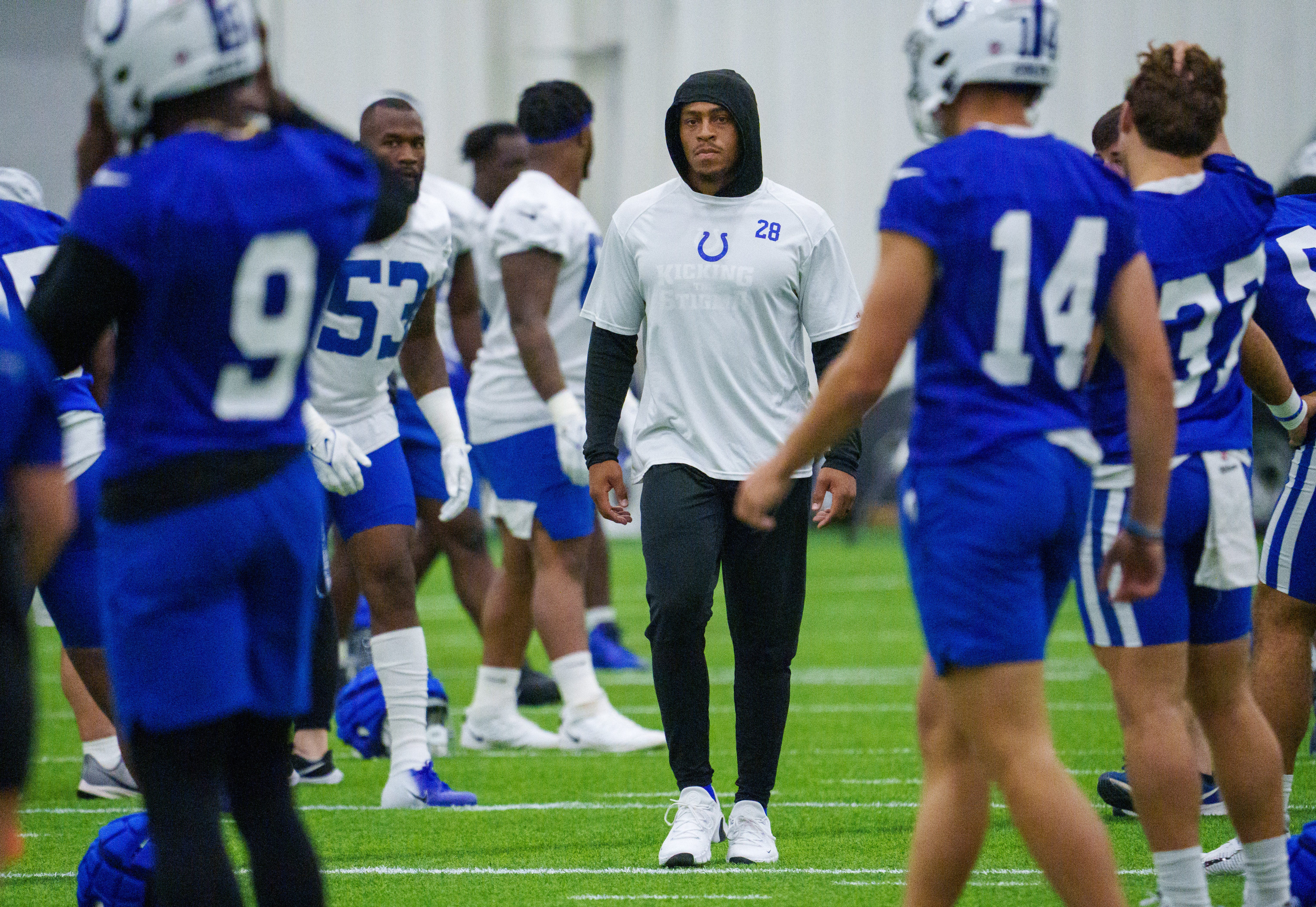 Indianapolis Colts running back Jonathan Taylor (28) makes his way around the field Friday, July 28, 2023, during an indoor practice at Grand Park Sports Campus in Westfield, Indiana.