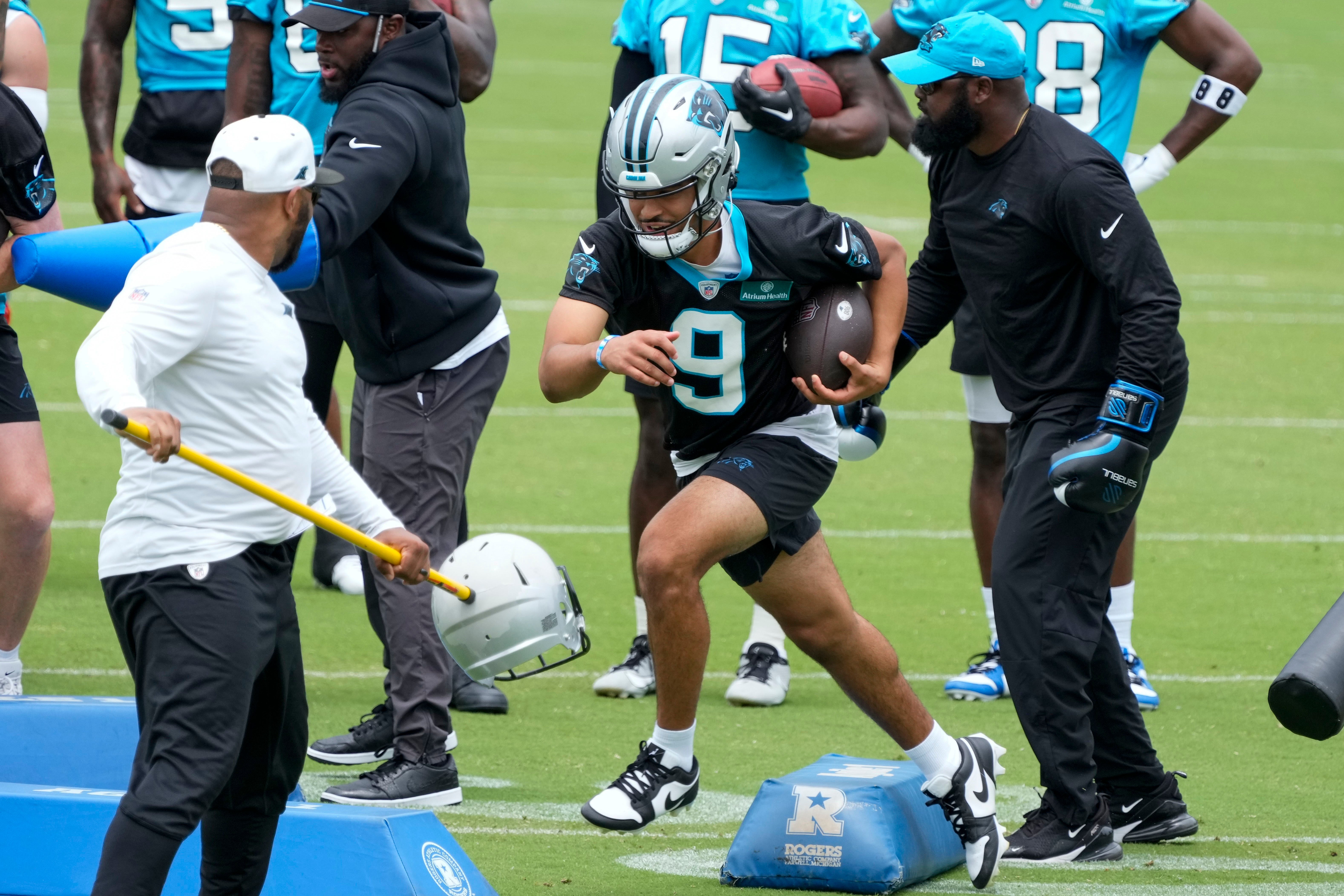 Jun 14, 2023; Charlotte, NC, USA; Carolina Panthers quarterback Bryce Young (9) during a run drill during the Carolina Panthers minicamp.