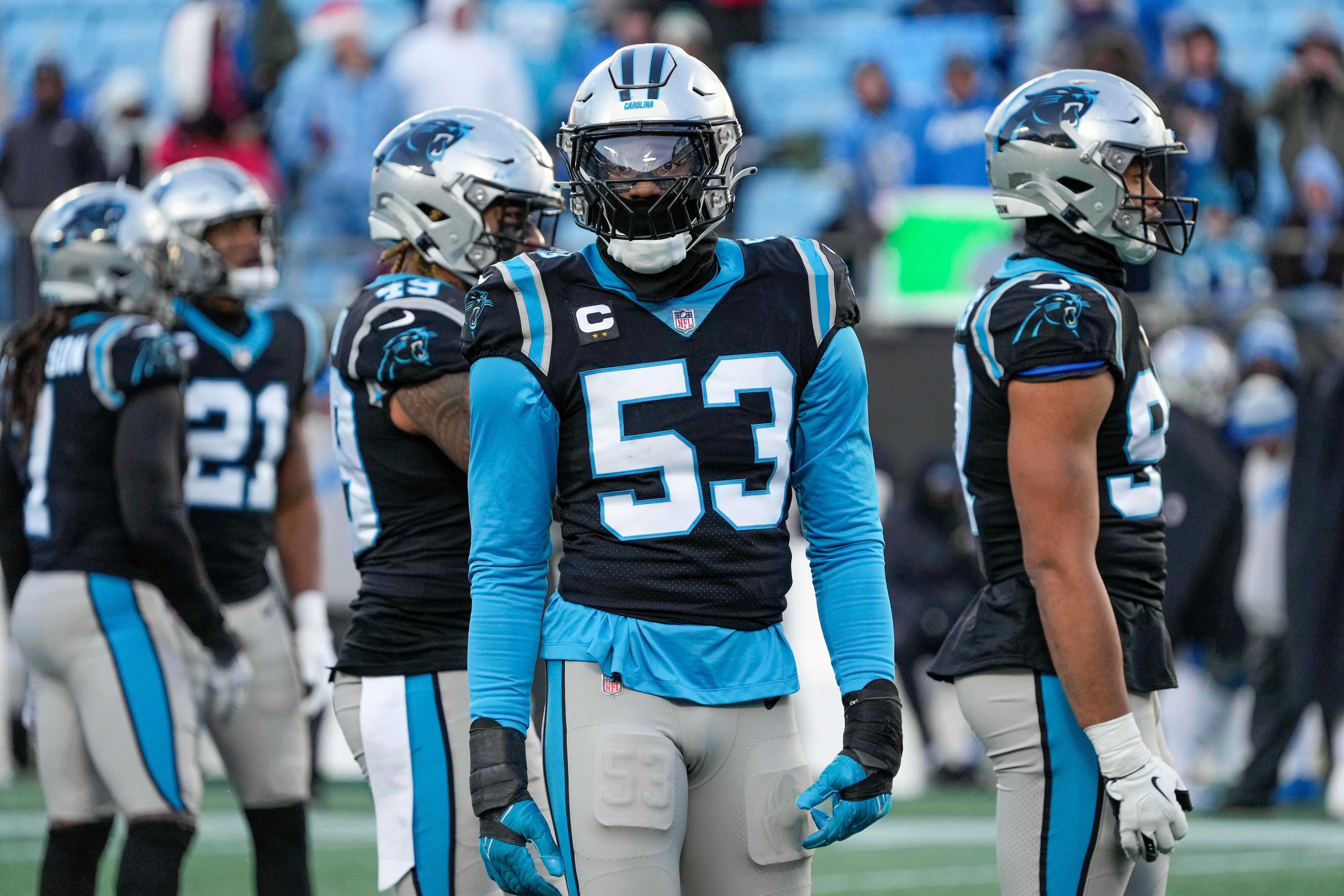 Dec 24, 2022; Charlotte, North Carolina, USA; Carolina Panthers defensive end Brian Burns (53) looks back to his sideline during the second half against the Detroit Lions at Bank of America Stadium.