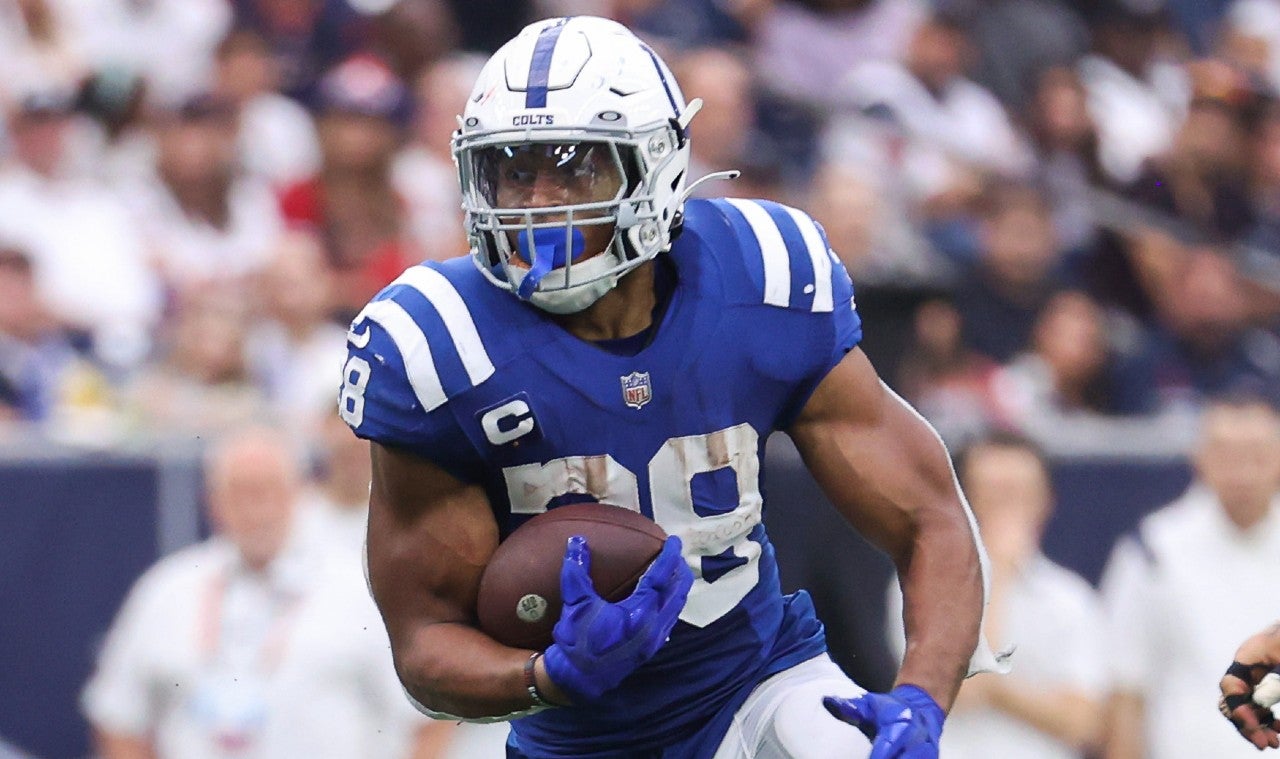 Sep 11, 2022; Houston, Texas, USA; Indianapolis Colts running back Jonathan Taylor (28) runs with the ball during the fourth quarter against the Houston Texans at NRG Stadium.