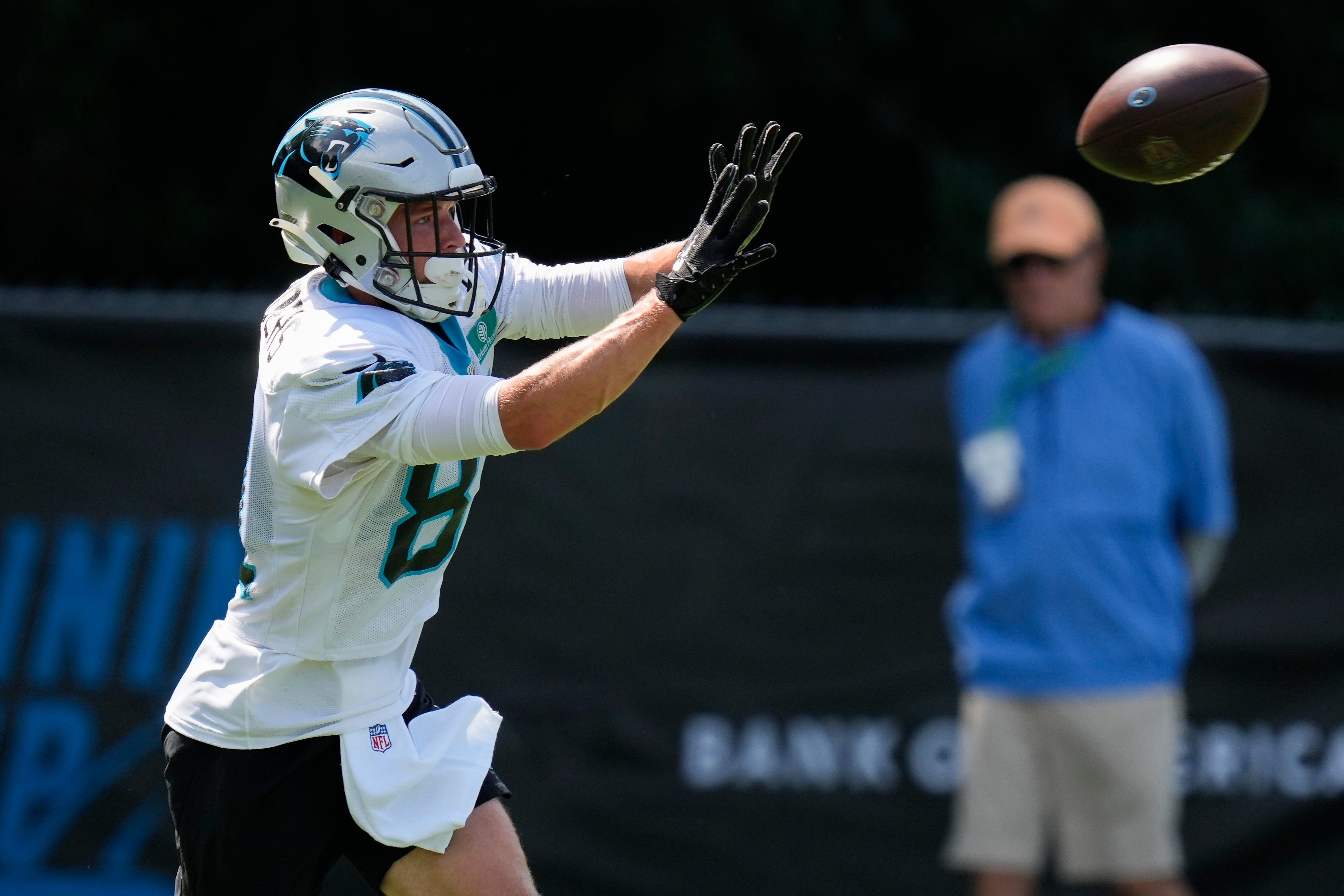 Jul 28, 2022; Spartanburg, SC, USA; Carolina Panthers receiver C.J. Saunders (81) makes a catch during the third day of training camp at Wofford College.