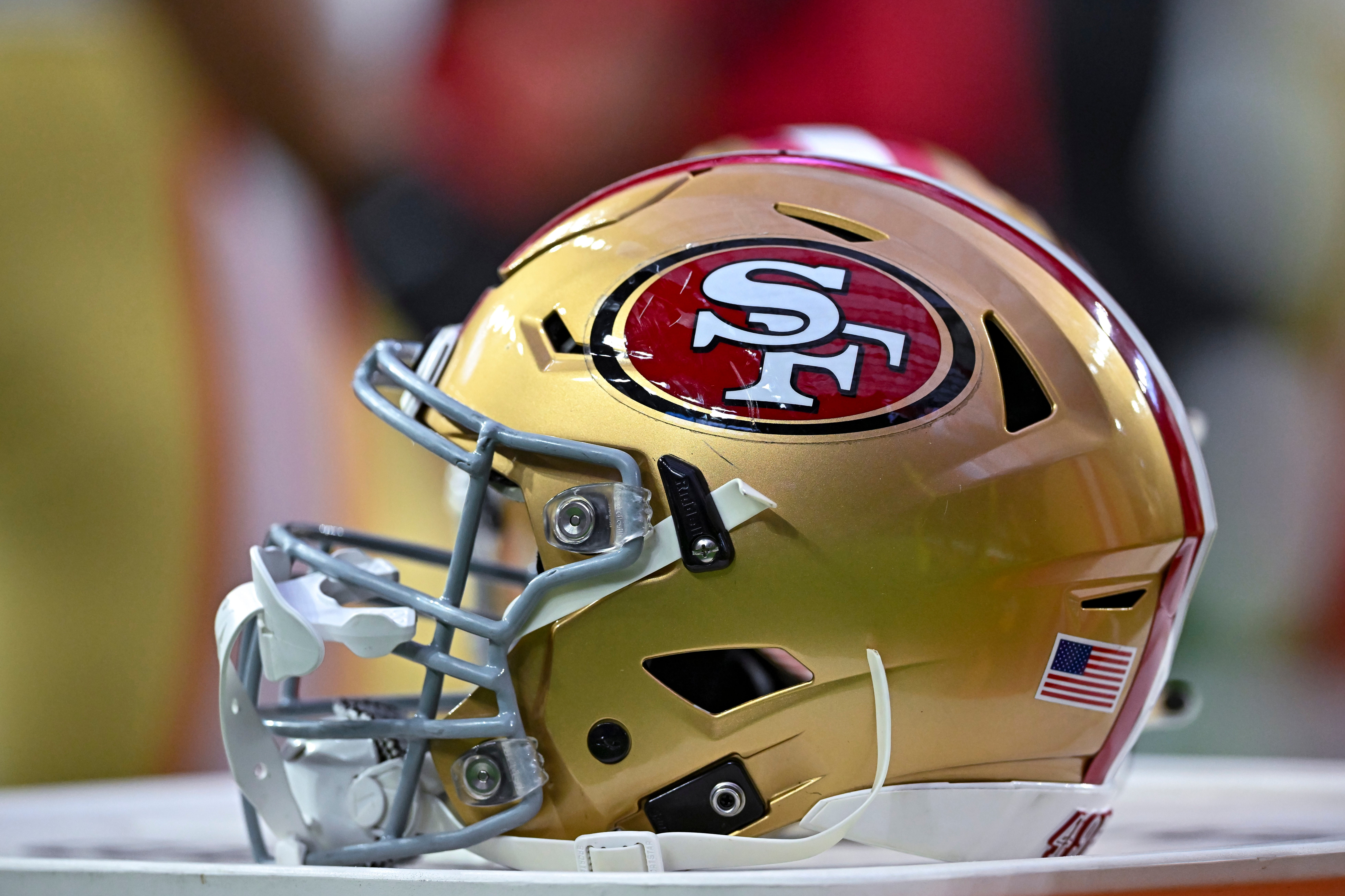 iAug 25, 2022; Houston, Texas, USA; A general view of a San Francisco 49ers helmet on the sideline of the game against the Houston Texans at NRG Stadium. Mandatory Credit: Maria Lysaker-USA TODAY Sports