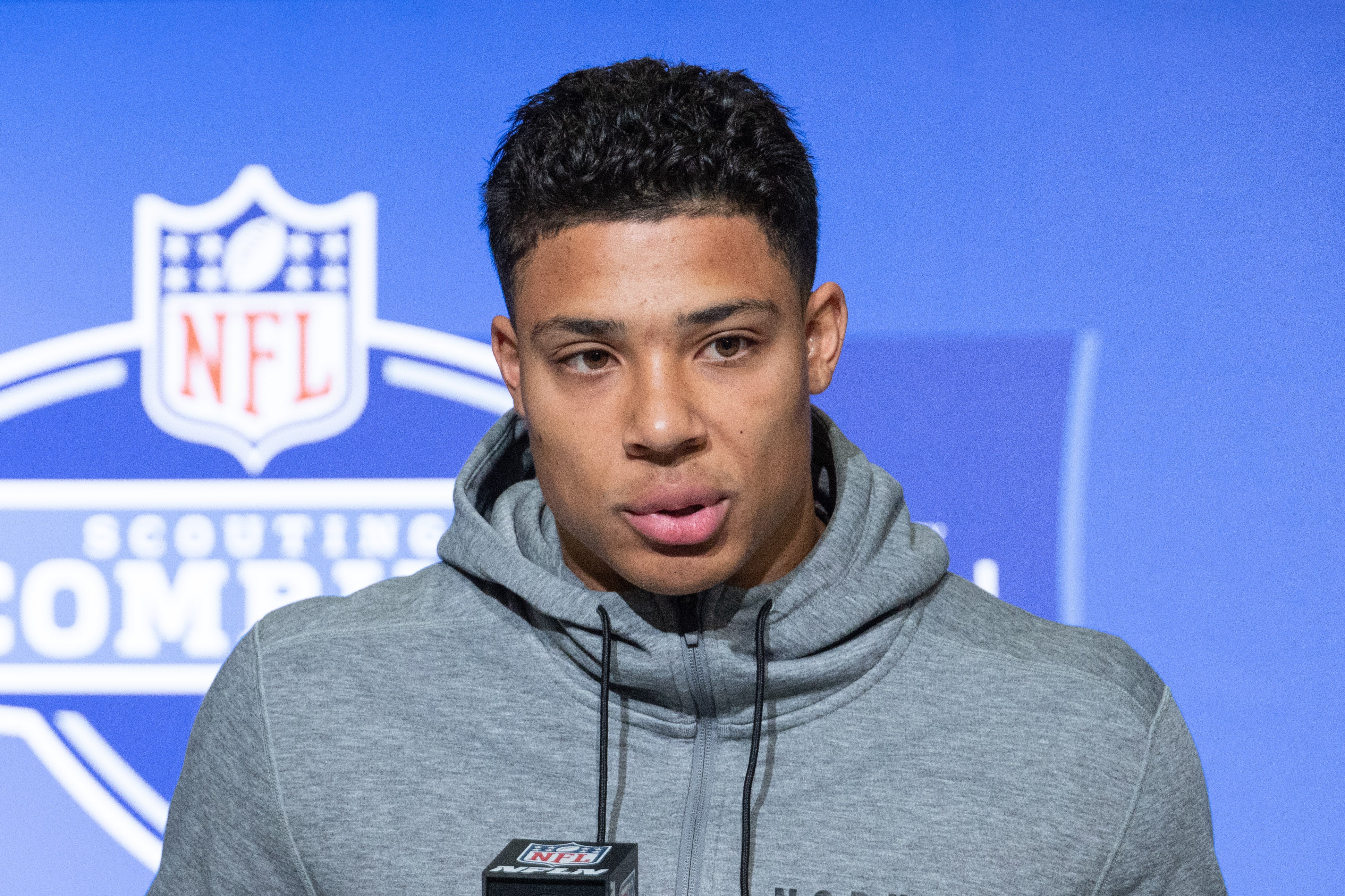 Mar 4, 2023; Indianapolis, IN, USA; UCLA running back Zach Charbonnet (RB05) speaks to the press at the NFL Combine at Lucas Oil Stadium. Mandatory Credit: Trevor Ruszkowski-USA TODAY Sports