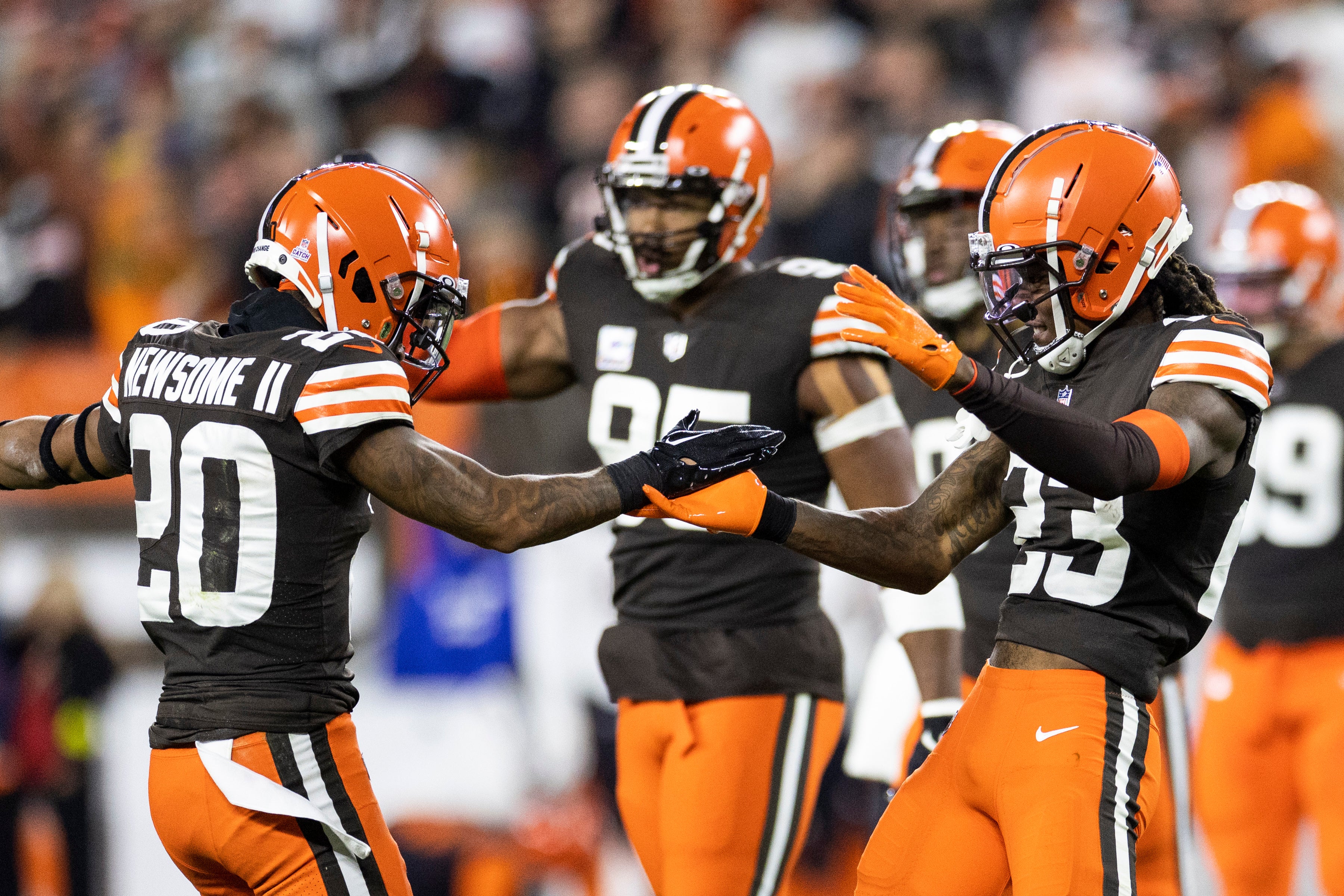 Oct 31, 2022; Cleveland, Ohio, USA; Cleveland Browns cornerbacks Greg Newsome II (20) and Martin Emerson Jr. (23) celebrate during the second quarter against the Cincinnati Bengals at FirstEnergy Stadium.