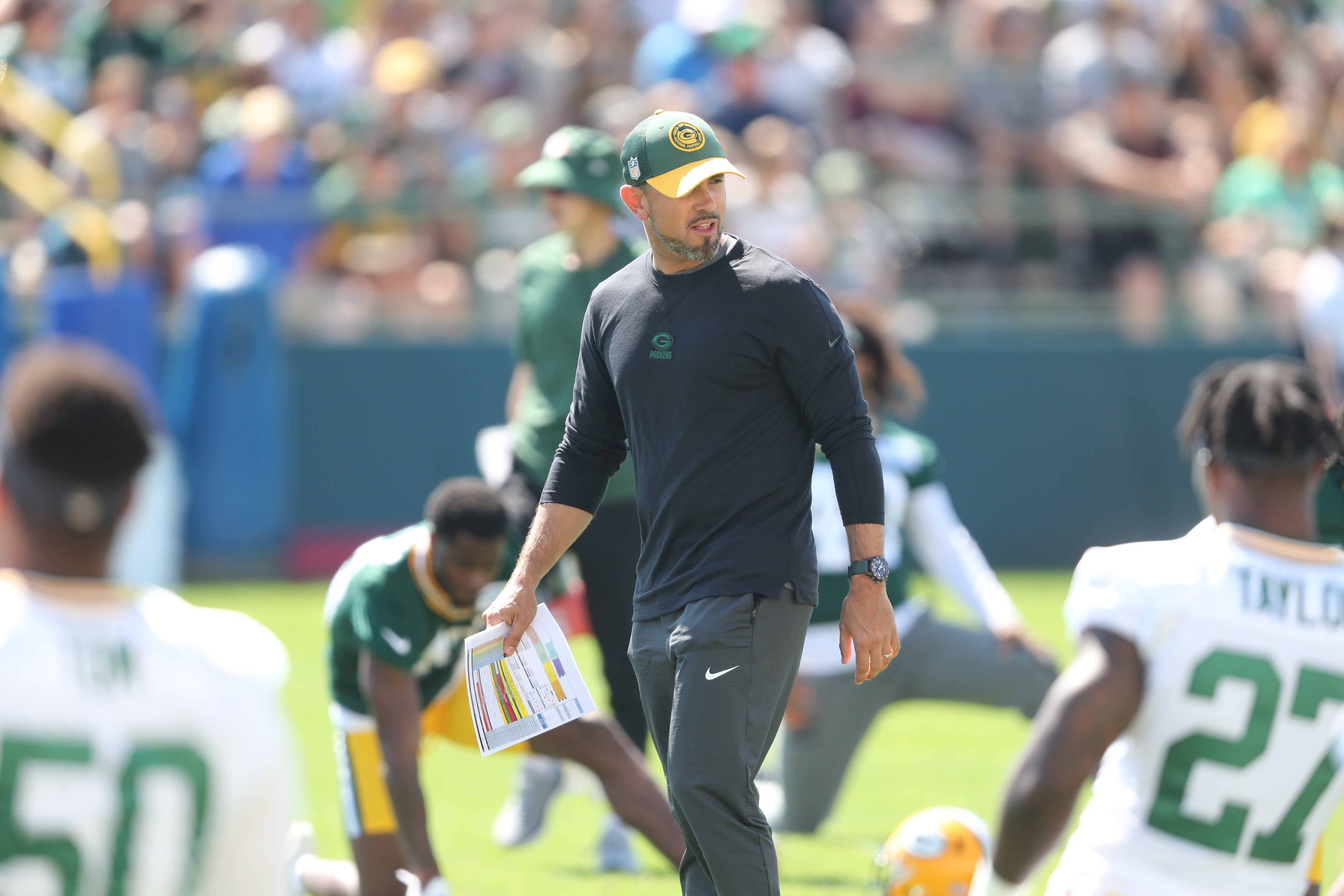 Jul 29, 2023; Green Bay, Wisconsin, USA; Green Bay Packers head coach Matt LaFleur at Ray Nitschke Field.