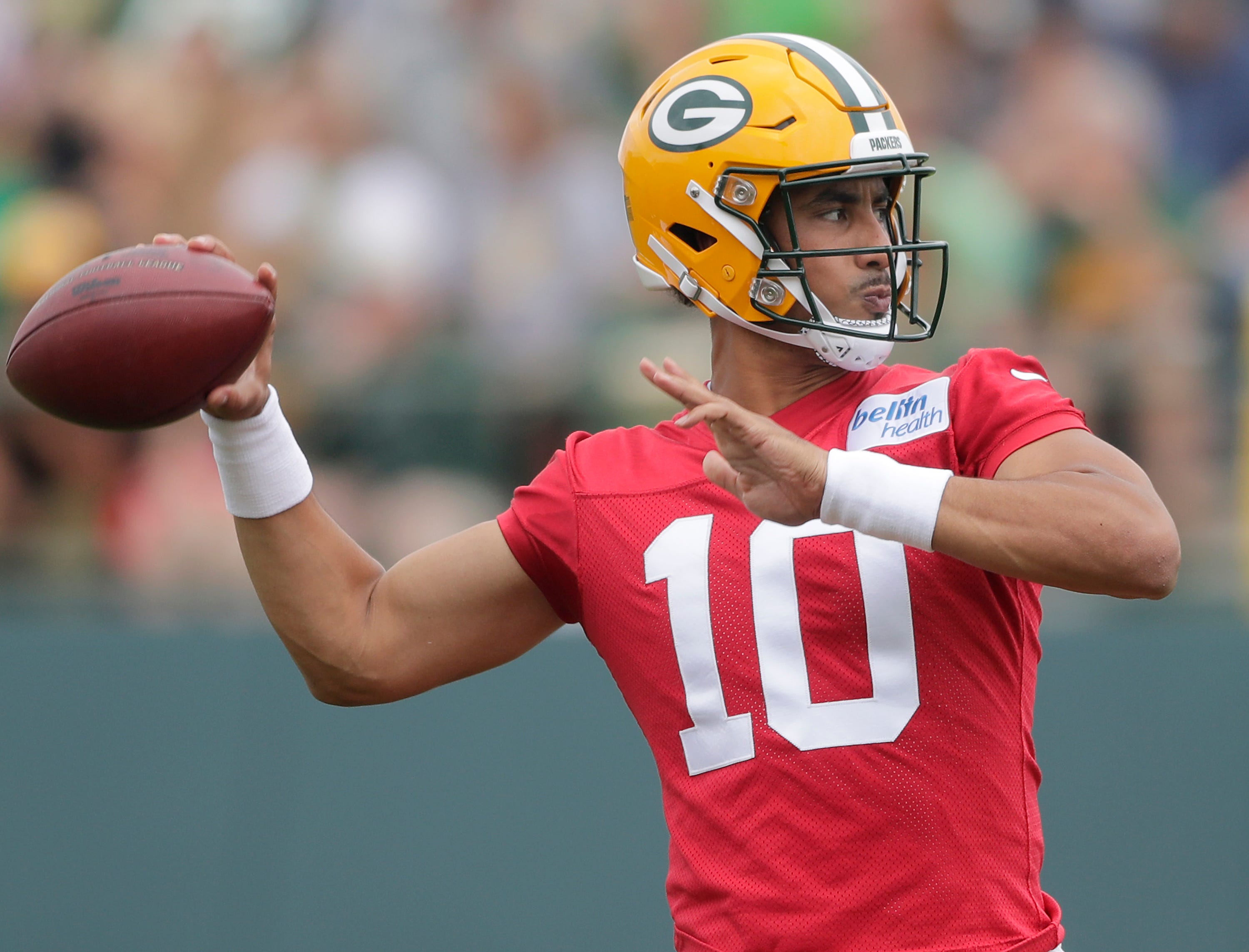 Green Bay Packers quarterback Jordan Love (10) during the first day of practice of theGreen Bay Packers 2023 training camp on Wednesday, July 26, 2023 at Ray NitschkeField in Green Bay, Wis.