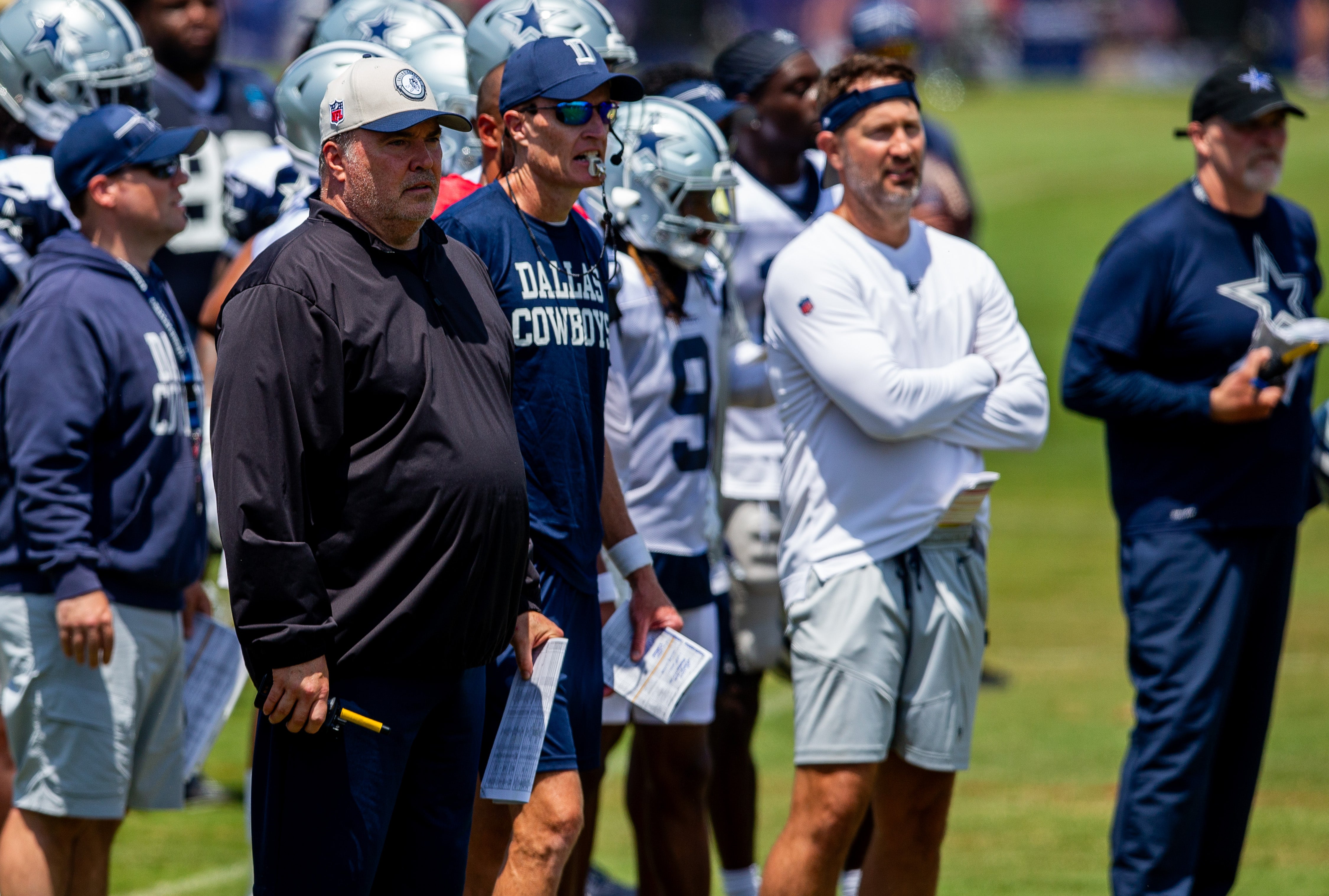 Dallas Cowboys HC Mike McCarthy in training camp with rest of coaching staff.