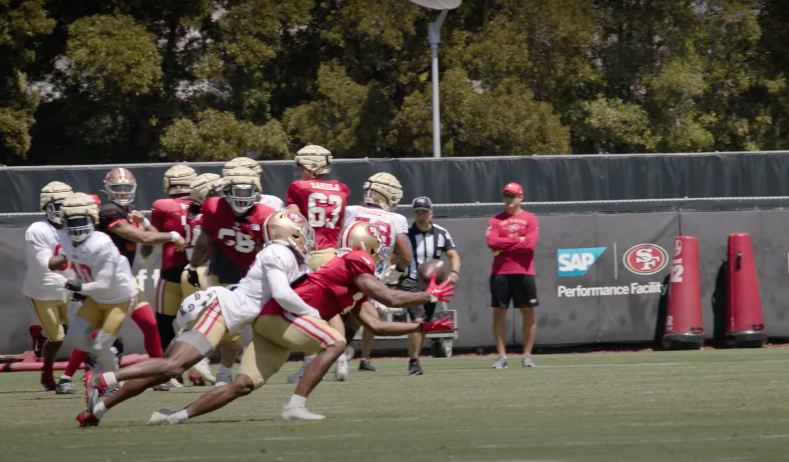Trey Lance completes a pass to Ray-Ray McCloud at 49ers training camp. Credit: 49ers YouTube Channel
