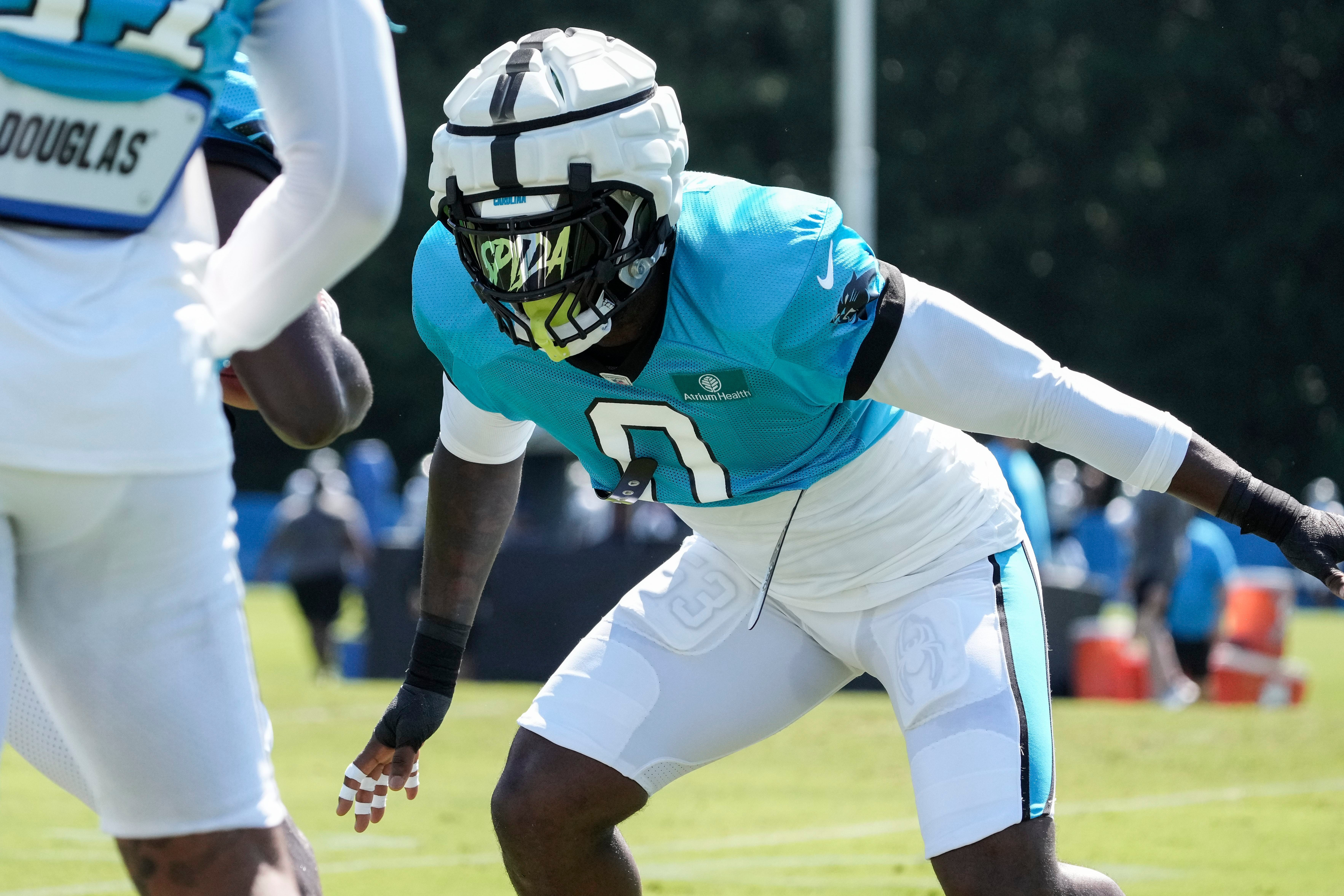 Jul 31, 2023; Spartanburg, SC, USA; Carolina Panthers linebacker Brian Burns (0) in his stance during a drill during training camp at Wofford College.