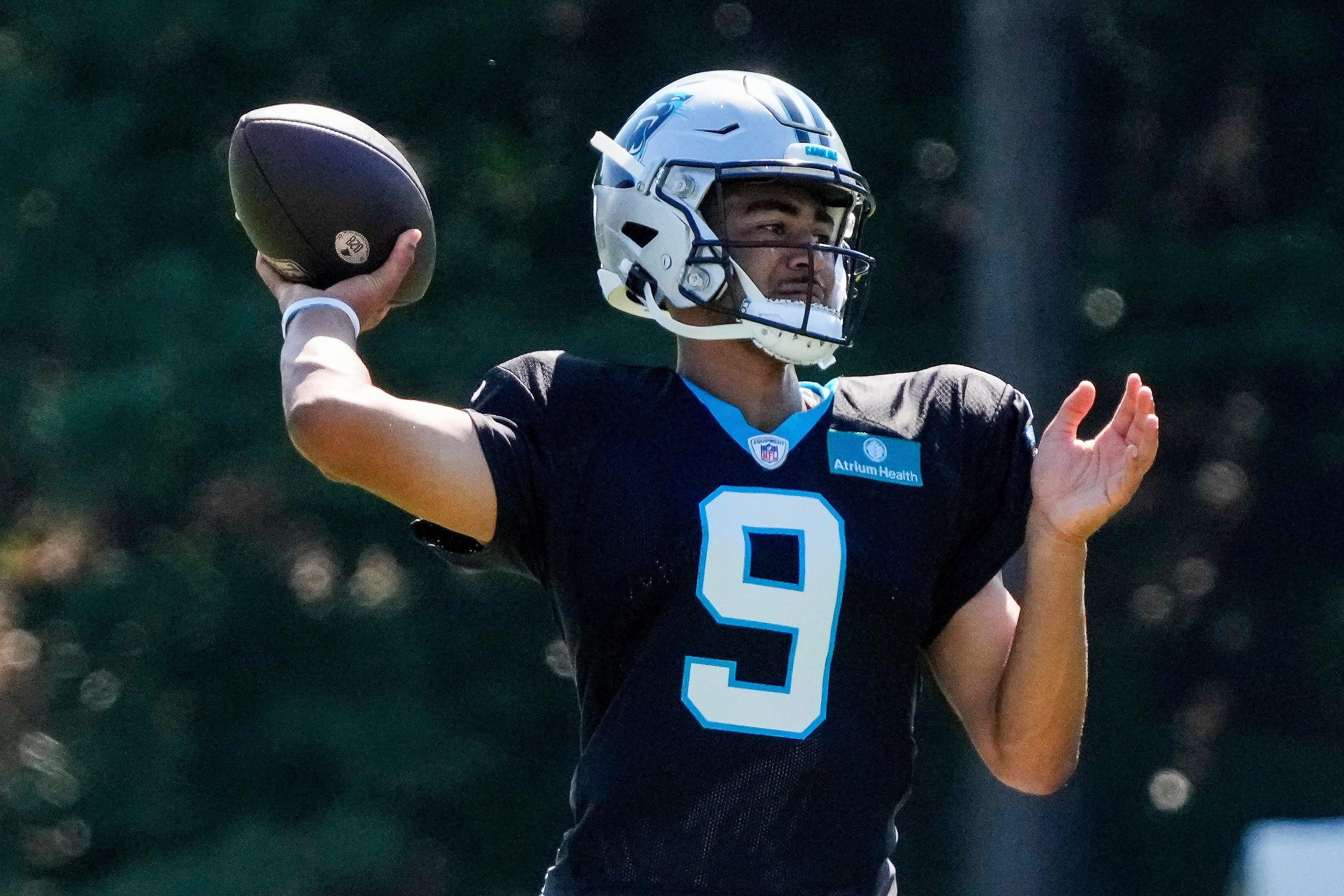 Jul 31, 2023; Spartanburg, SC, USA; Carolina Panthers quarterback Bryce Young (9) throws during practice during training camp at Wofford College.