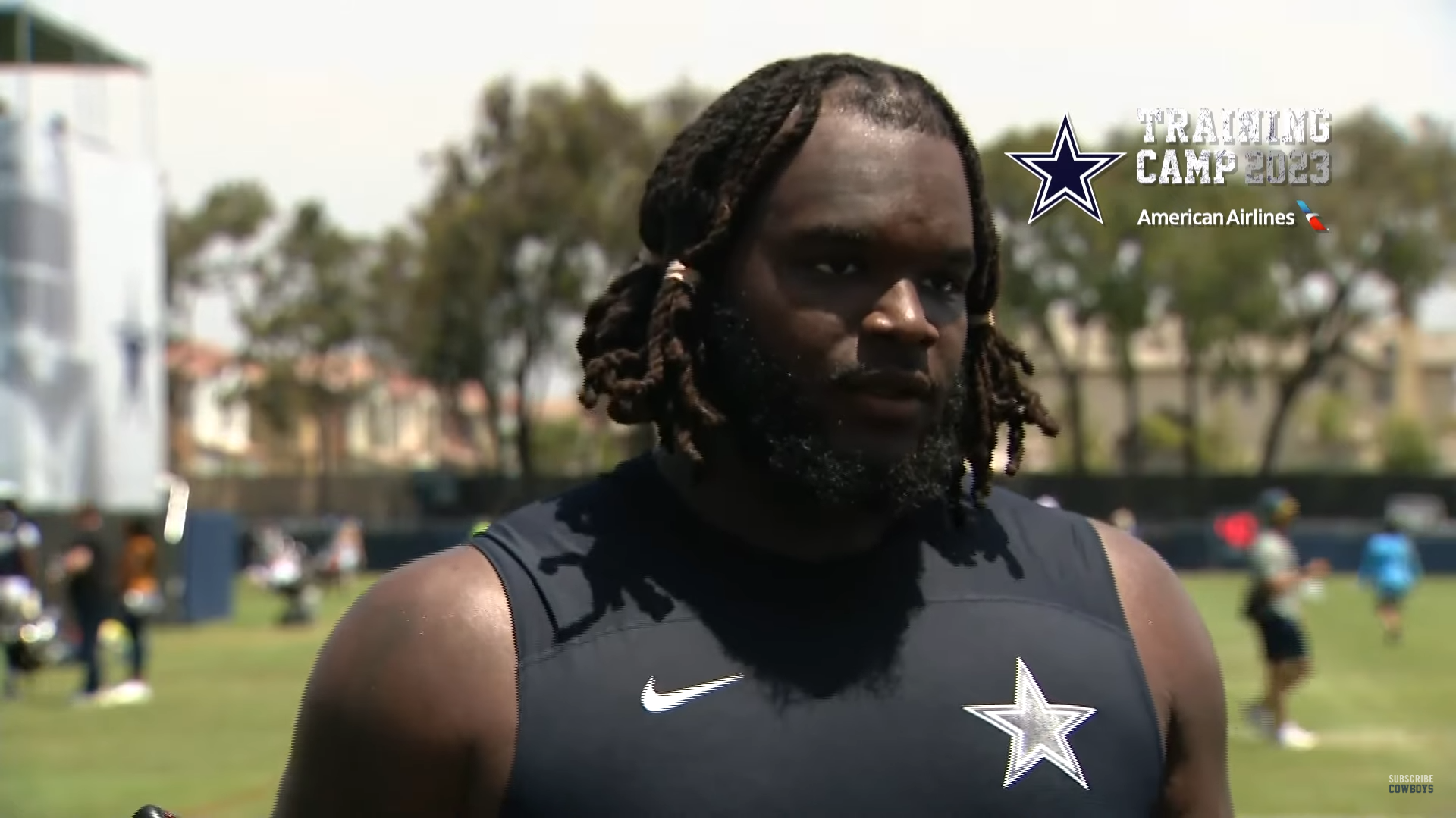 Dallas Cowboys' first-round rookie nose tackle Mazi Smith talks to the media after training camp practice.