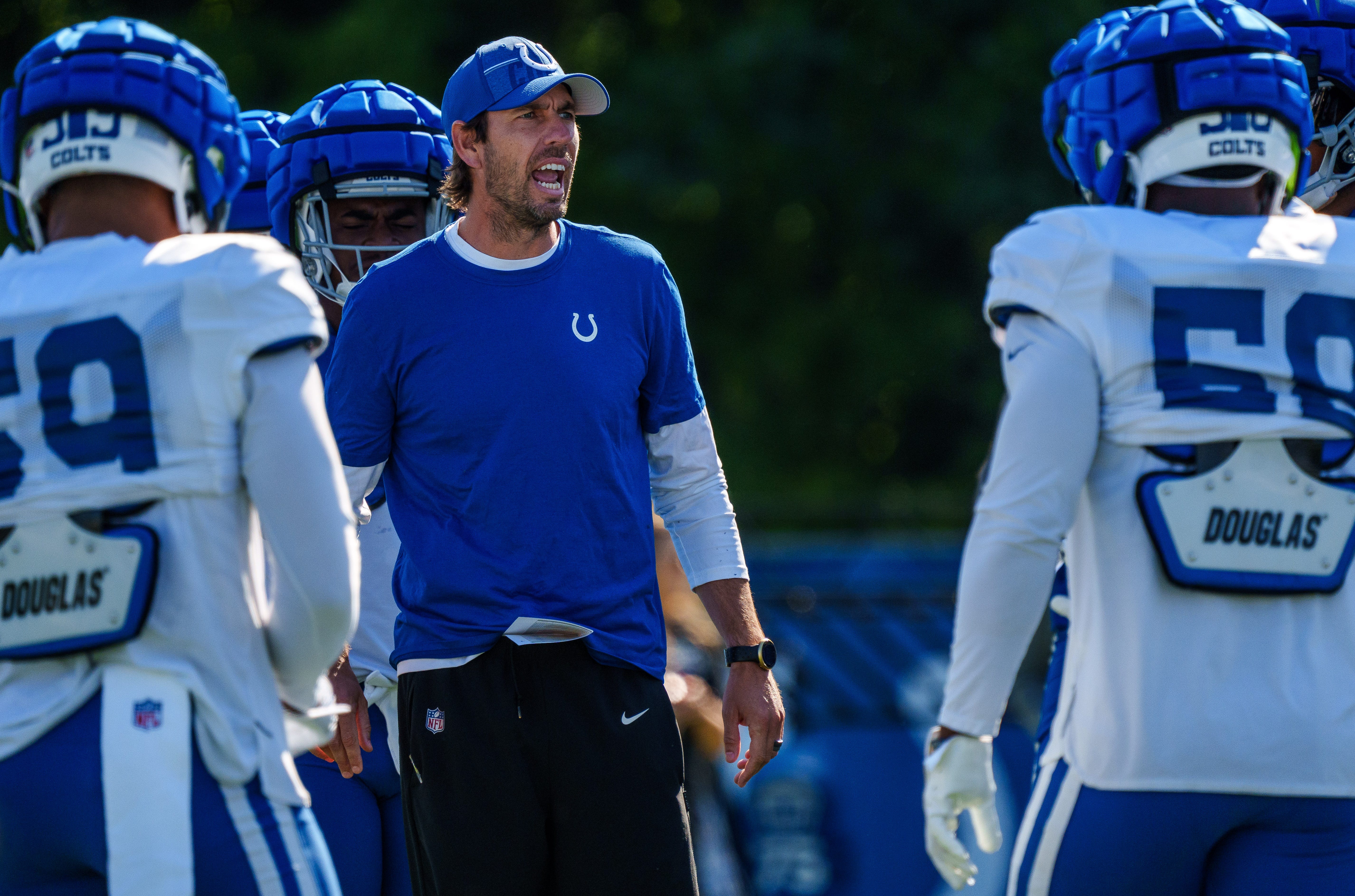 Indianapolis Colts head coach Shane Steichen gathers his team Monday, July 31, 2023, during training camp at the Grand Park Sports Campus in Westfield, Indiana.
