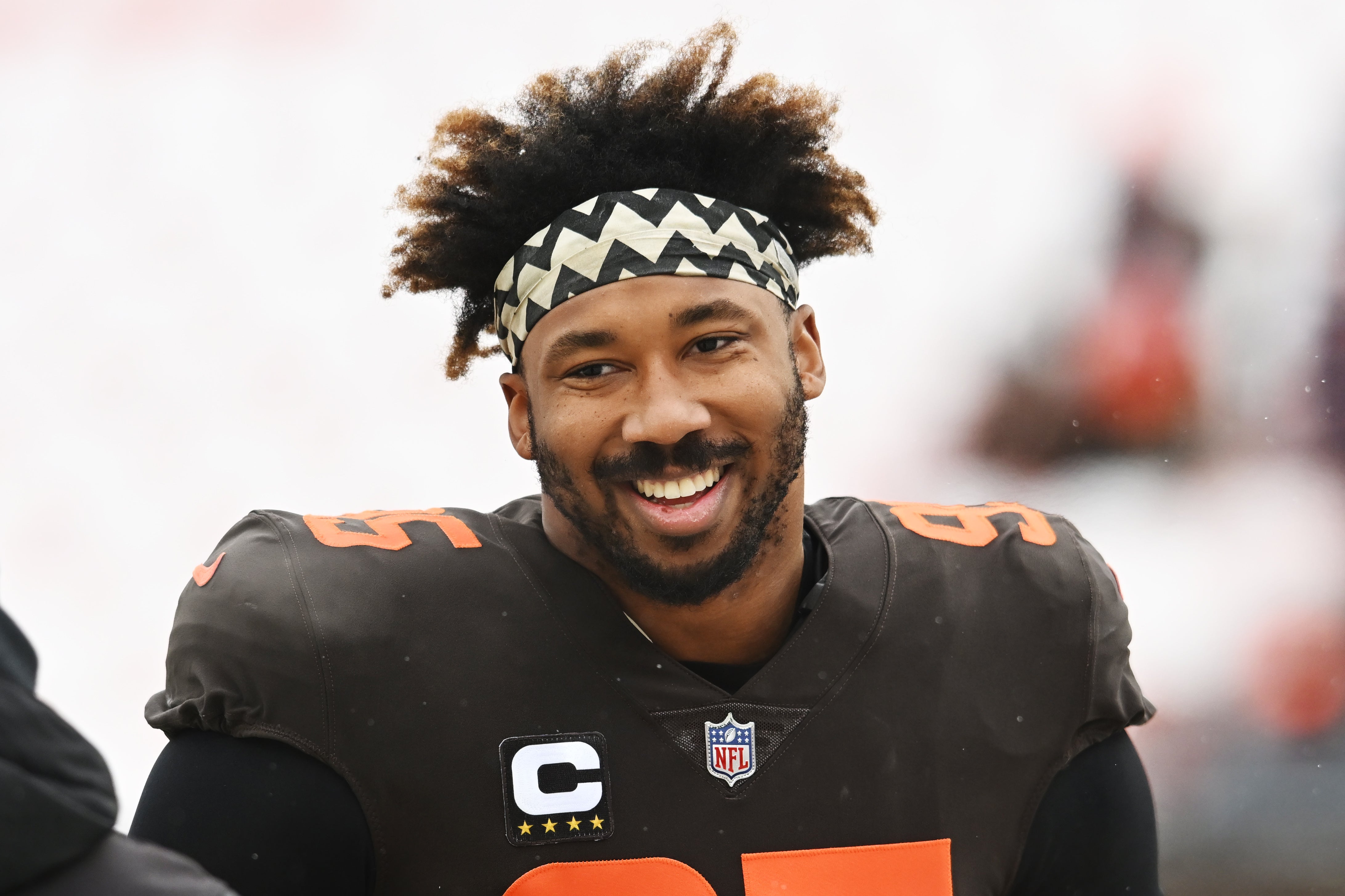 Dec 24, 2022; Cleveland, Ohio, USA; Cleveland Browns defensive end Myles Garrett (95) warms up before the game between the Browns and the New Orleans Saints at FirstEnergy Stadium.