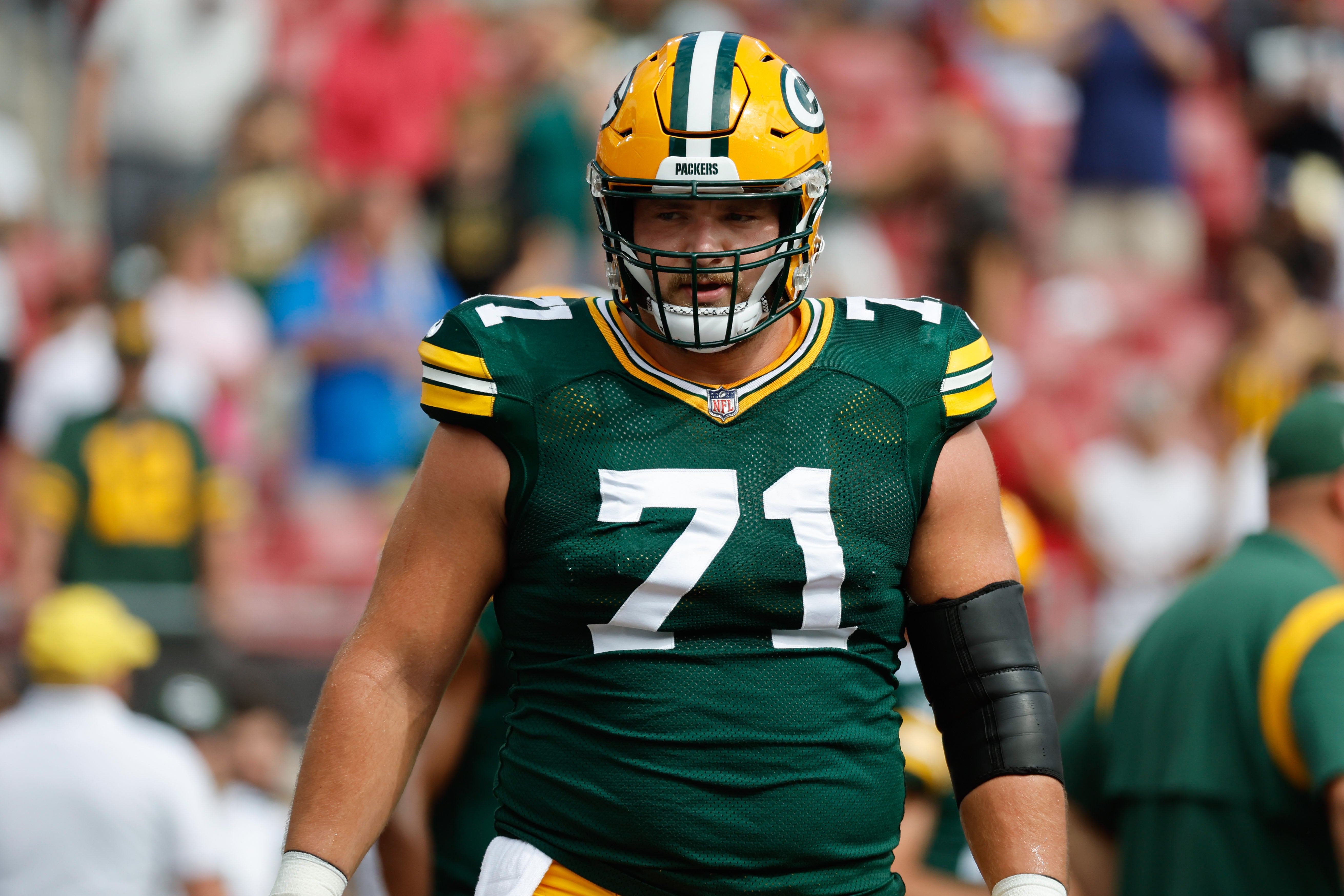 Sep 25, 2022; Tampa, Florida, USA; Green Bay Packers center Josh Myers (71) against the Tampa Bay Buccaneers at Raymond James Stadium. Mandatory Credit: Kim Klement-USA TODAY Sports