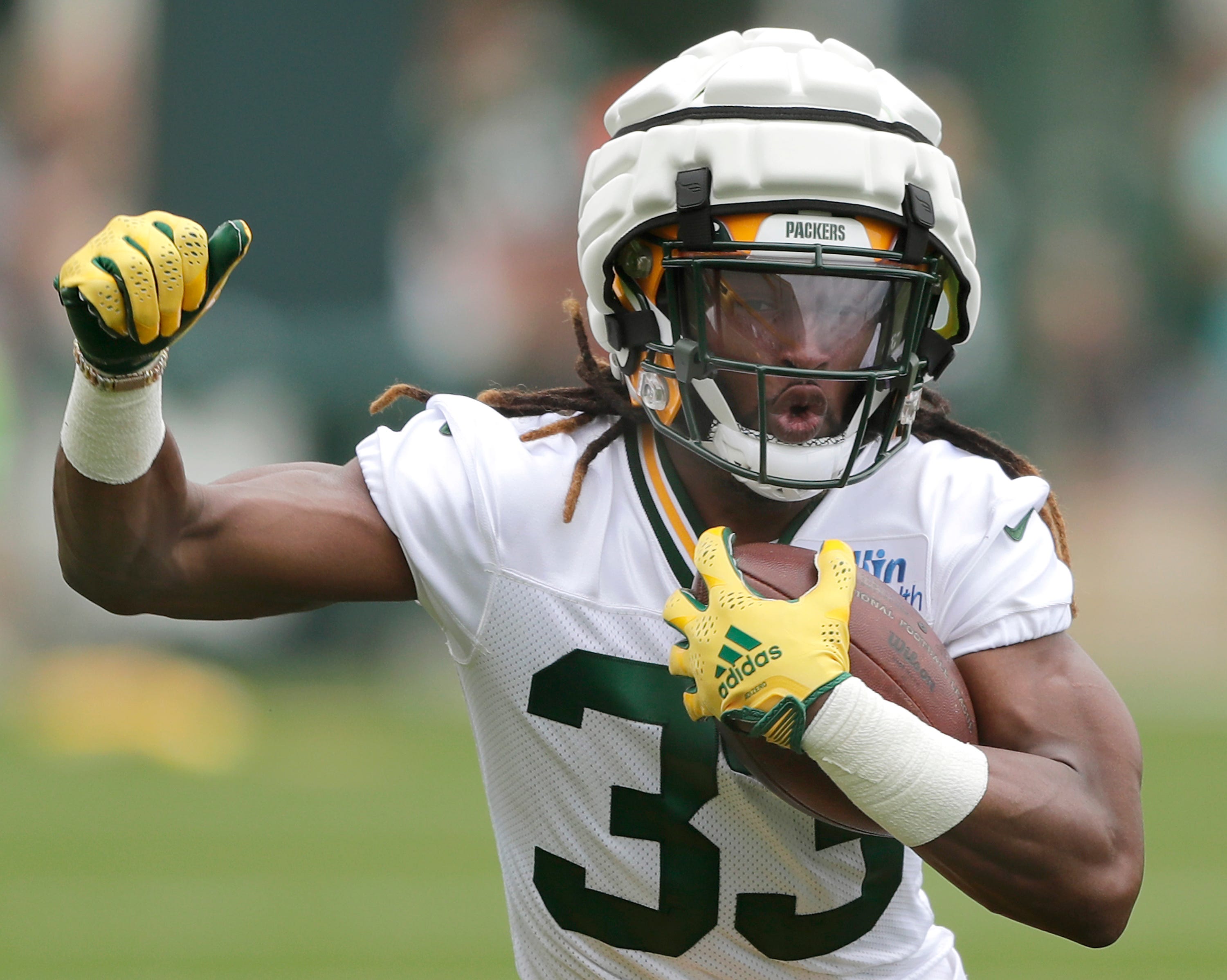 Green Bay Packers running back Aaron Jones (33) during the first day of practice of theGreen Bay Packers 2023 training camp on Wednesday, July 26, 2023 at Ray NitschkeField in Green Bay, Wis. Wm. Glasheen USA TODAY NETWORK-Wisconsin