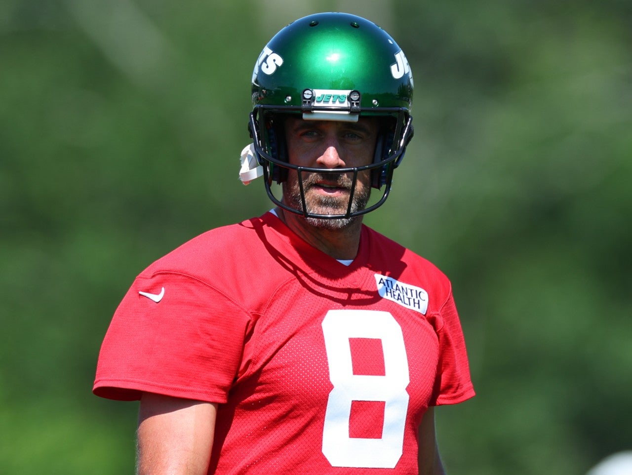 Jul 22, 2023; Florham Park, NJ, USA; New York Jets quarterback Aaron Rodgers (8) during the New York Jets Training Camp at Atlantic Health Jets Training Center. Mandatory Credit: Vincent Carchietta-USA TODAY Sports