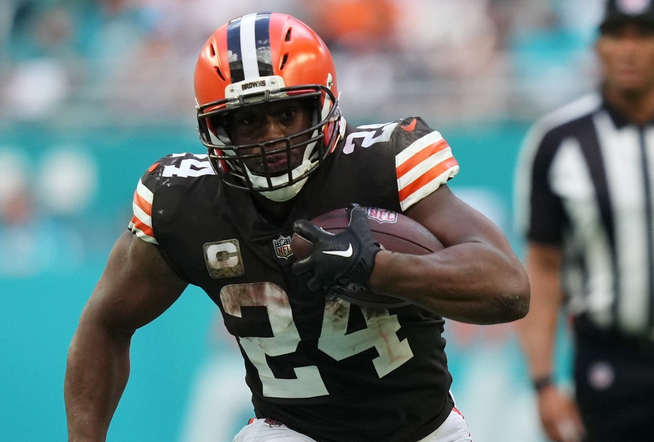 Nov 13, 2022; Miami Gardens, Florida, USA; Cleveland Browns running back Nick Chubb (24) runs the ball against the Miami Dolphins during the second half at Hard Rock Stadium. Mandatory Credit: Jasen Vinlove-USA TODAY Sports