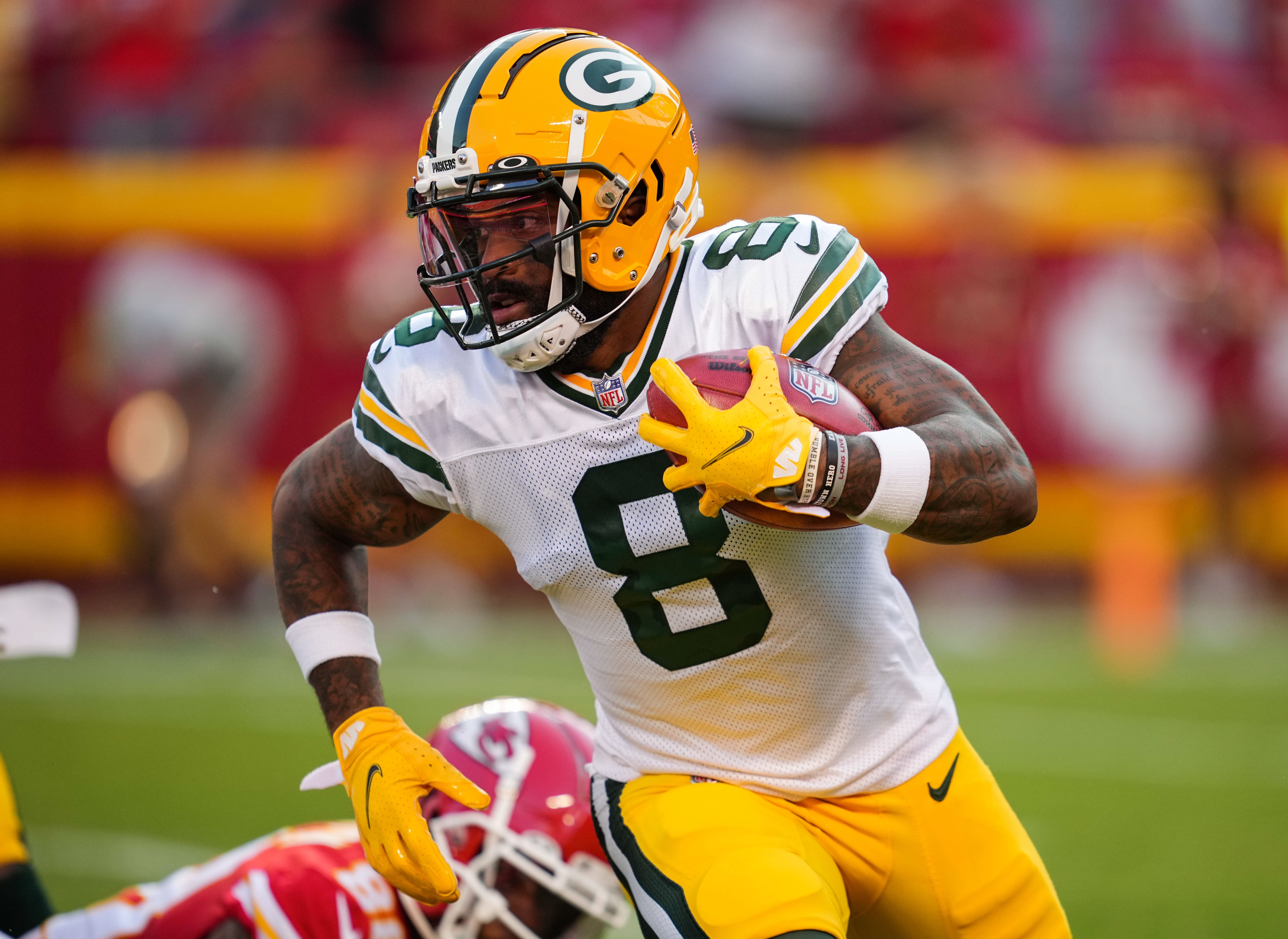 Aug 25, 2022; Kansas City, Missouri, USA; Green Bay Packers wide receiver Amari Rodgers (8) returns a kickoff against the Kansas City Chiefs during the first half at GEHA Field at Arrowhead Stadium.
