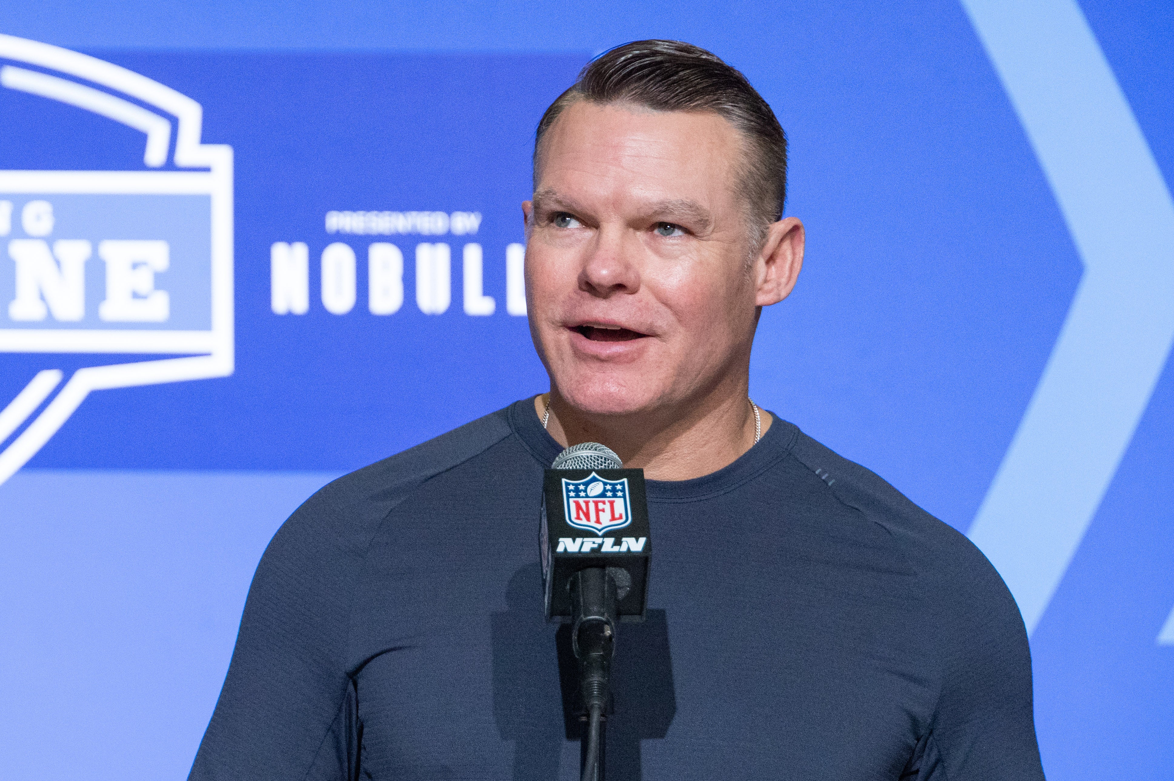 Mar 1, 2023; Indianapolis, IN, USA; Indianapolis Colts general manager Chris Ballard speaks to the press at the NFL Combine at Lucas Oil Stadium.