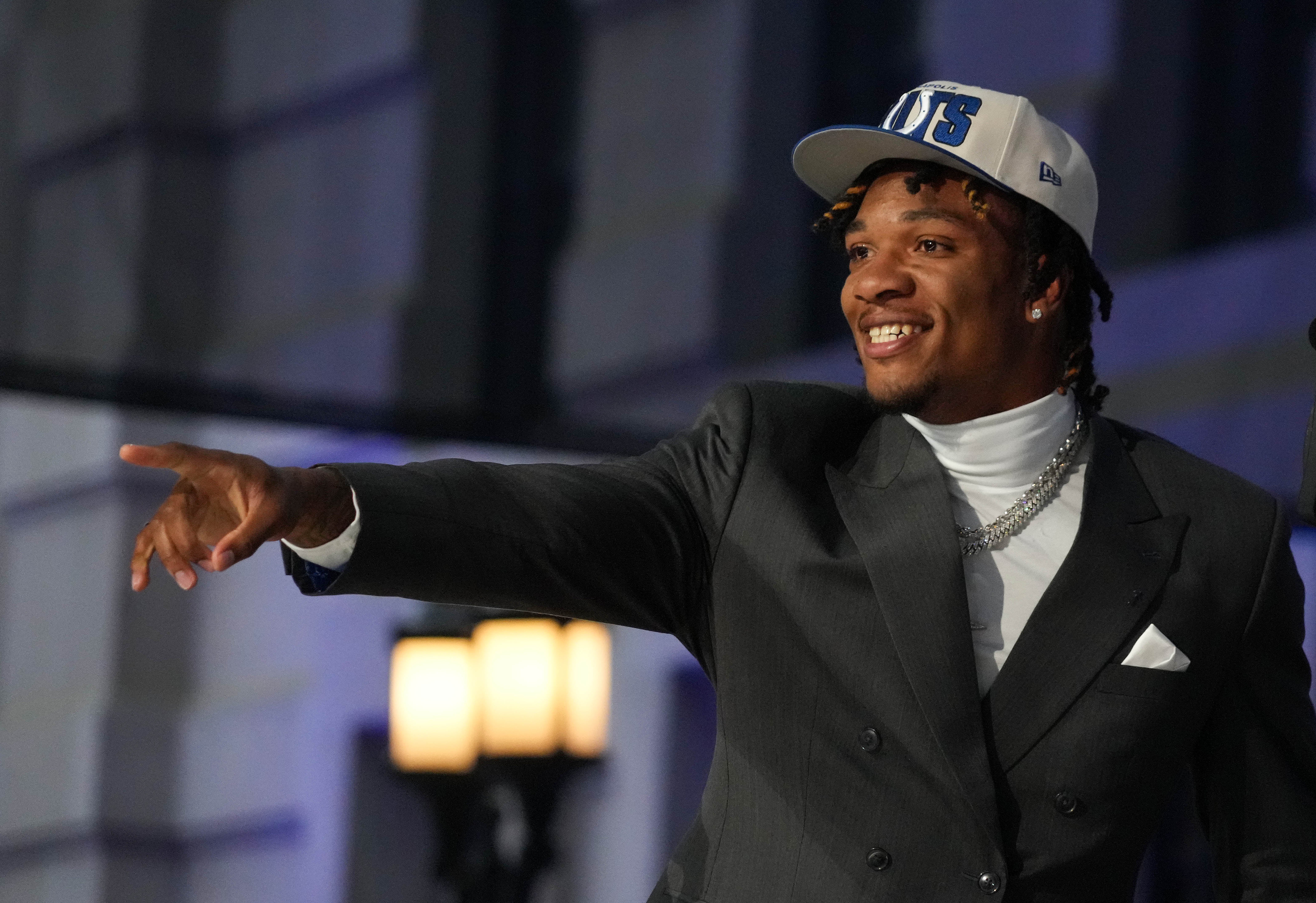 Apr 27, 2023; Kansas City, MO, USA; Florida quarterback Anthony Richardson reacts after being selected by the Indianapolis Colts fourth overall in the first round of the 2023 NFL Draft at Union Station.
