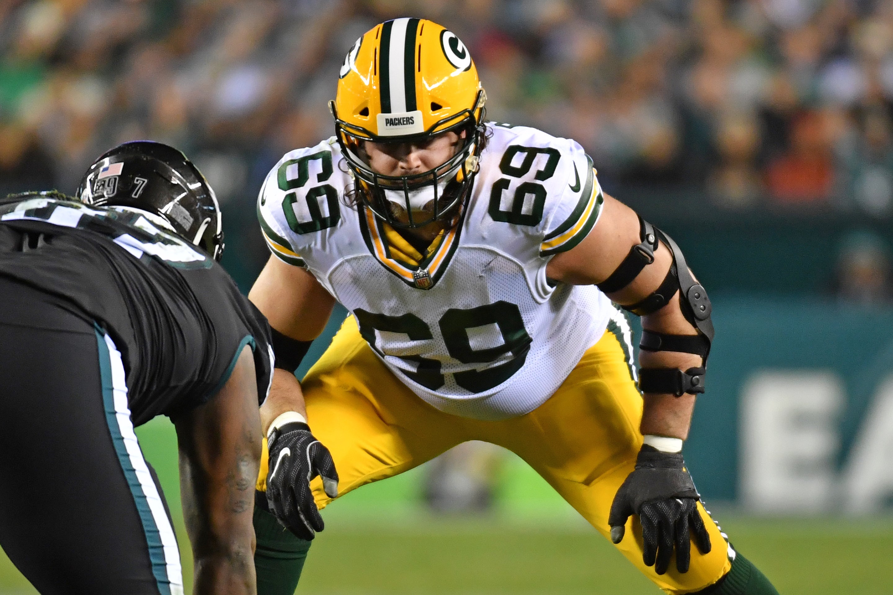 Nov 27, 2022; Philadelphia, Pennsylvania, USA; Green Bay Packers offensive tackle David Bakhtiari (69) against the Philadelphia Eagles at Lincoln Financial Field. Mandatory Credit: Eric Hartline-USA TODAY Sports