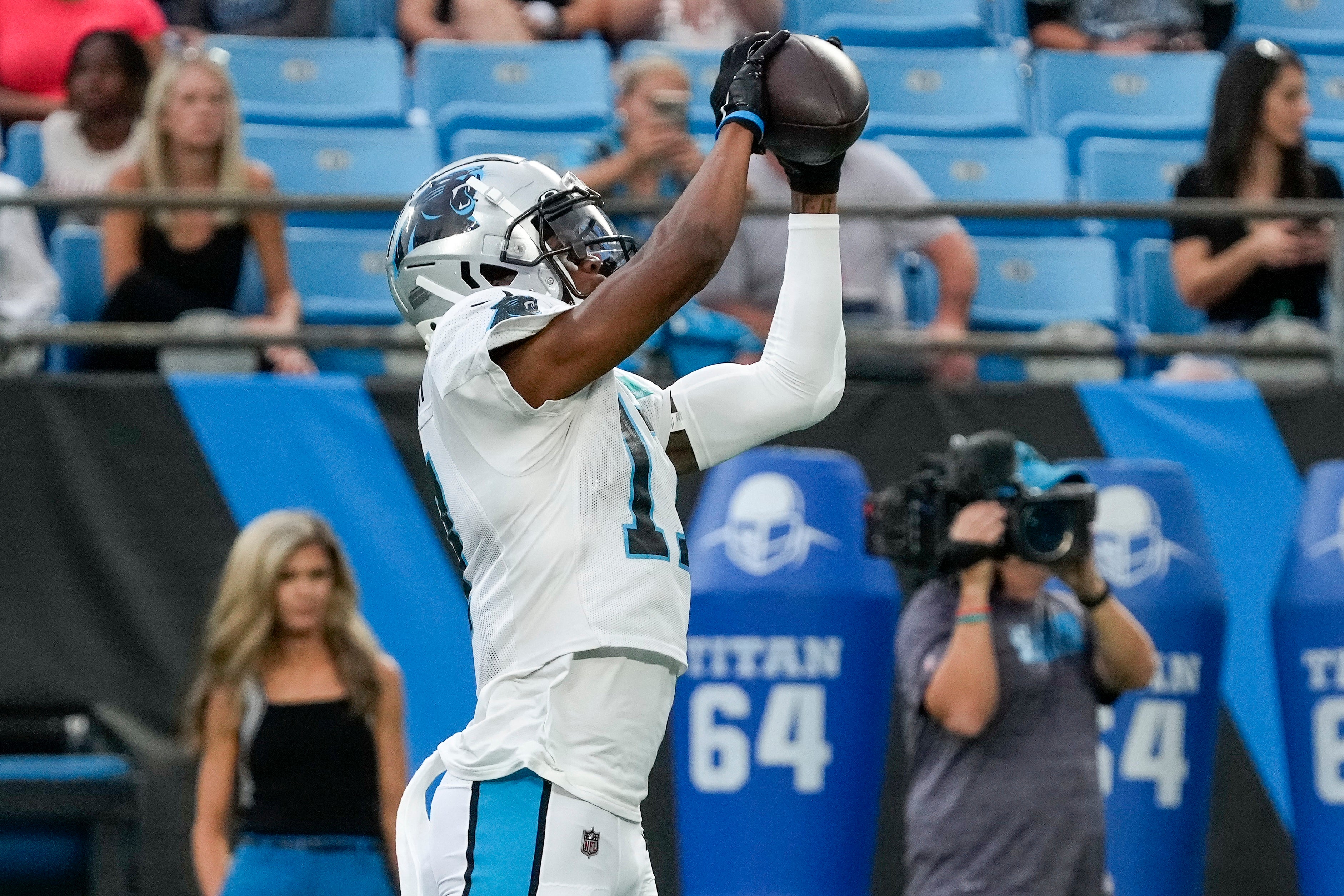 Aug 2, 2023; Charlotte, NC, USA; Carolina Panthers wide receiver DJ Chark Jr. (17) makes a catch during Fan Fest at Bank of America Stadium in Charlotte, NC.