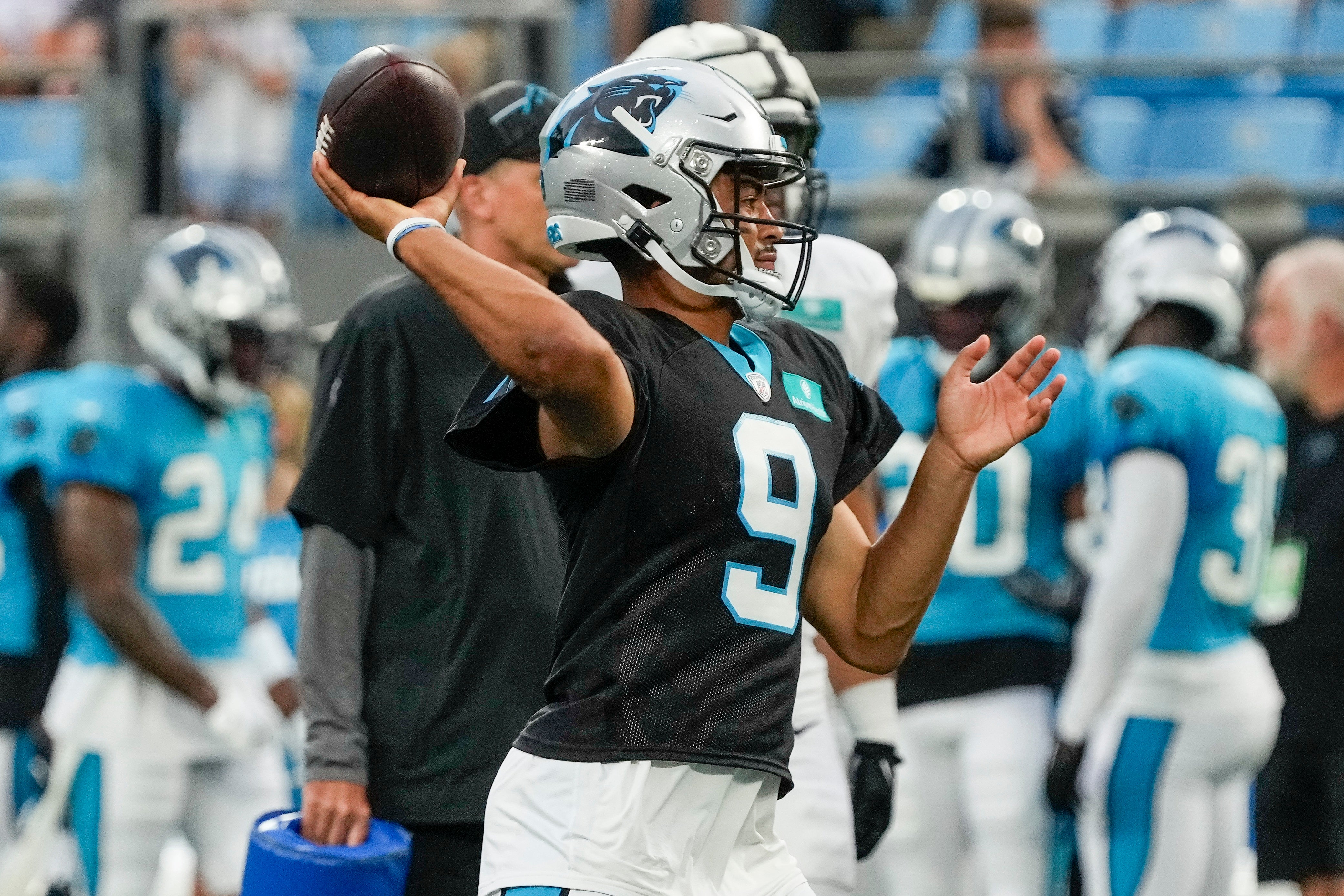 Aug 2, 2023; Charlotte, NC, USA; Carolina Panthers quarterback Bryce Young (9) makes a throw during Fan Fest at Bank of America Stadium in Charlotte, NC.