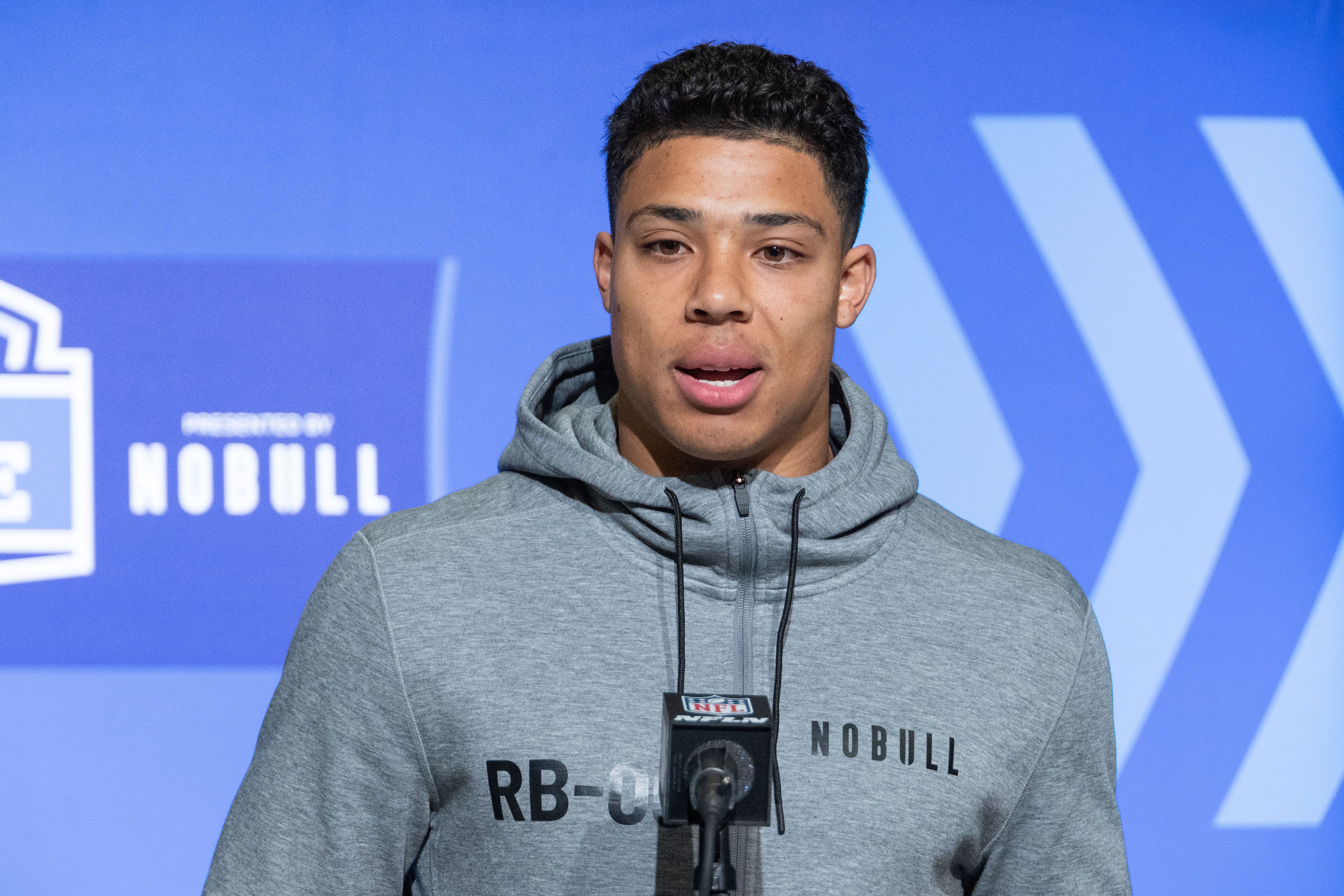 Mar 4, 2023; Indianapolis, IN, USA; UCLA running back Zach Charbonnet (RB05) speaks to the press at the NFL Combine at Lucas Oil Stadium. Mandatory Credit: Trevor Ruszkowski-USA TODAY Sports
