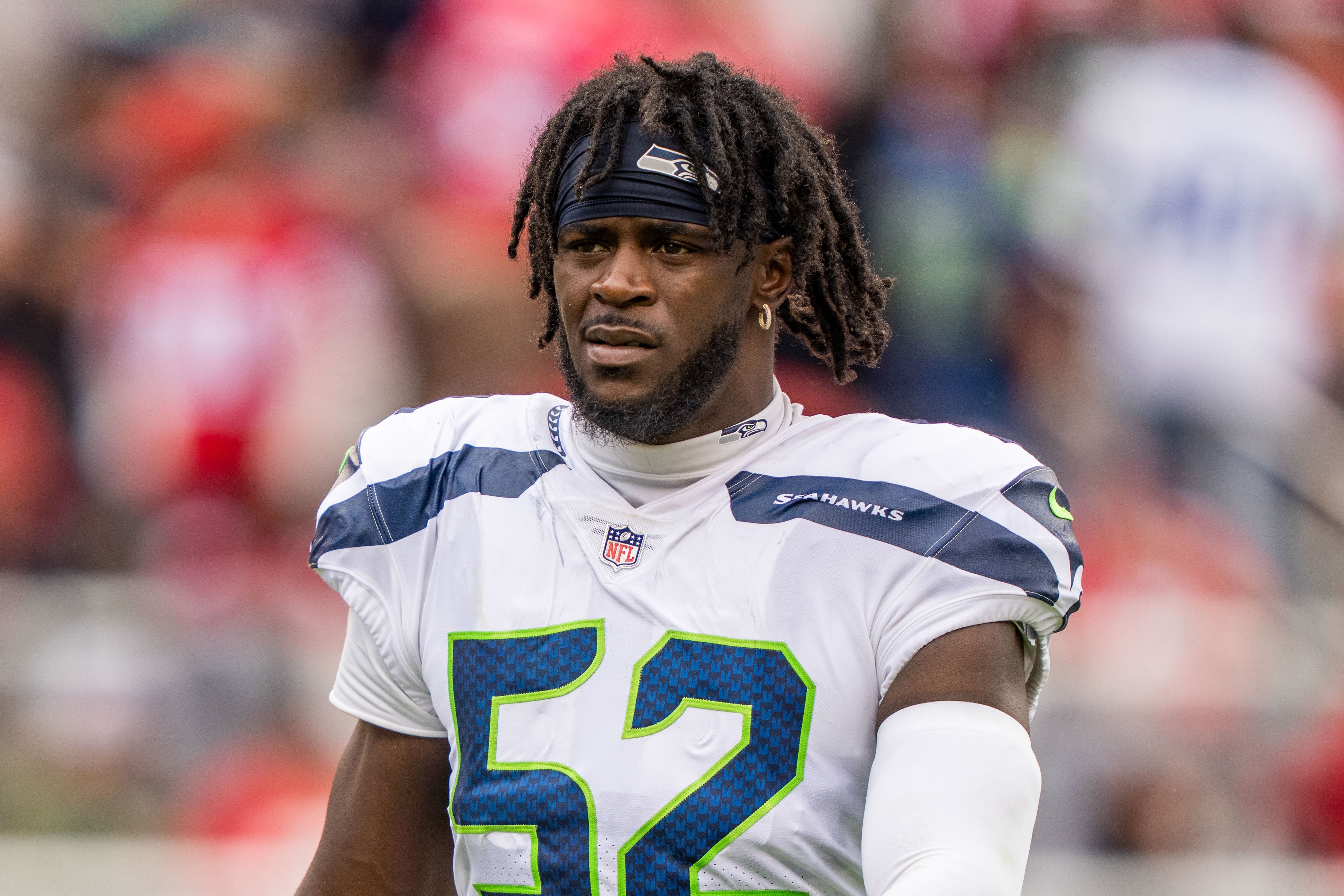 September 18, 2022; Santa Clara, California, USA; Seattle Seahawks defensive end Darrell Taylor (52) during halftime against the San Francisco 49ers at Levi's Stadium. Mandatory Credit: Kyle Terada-USA TODAY Sports