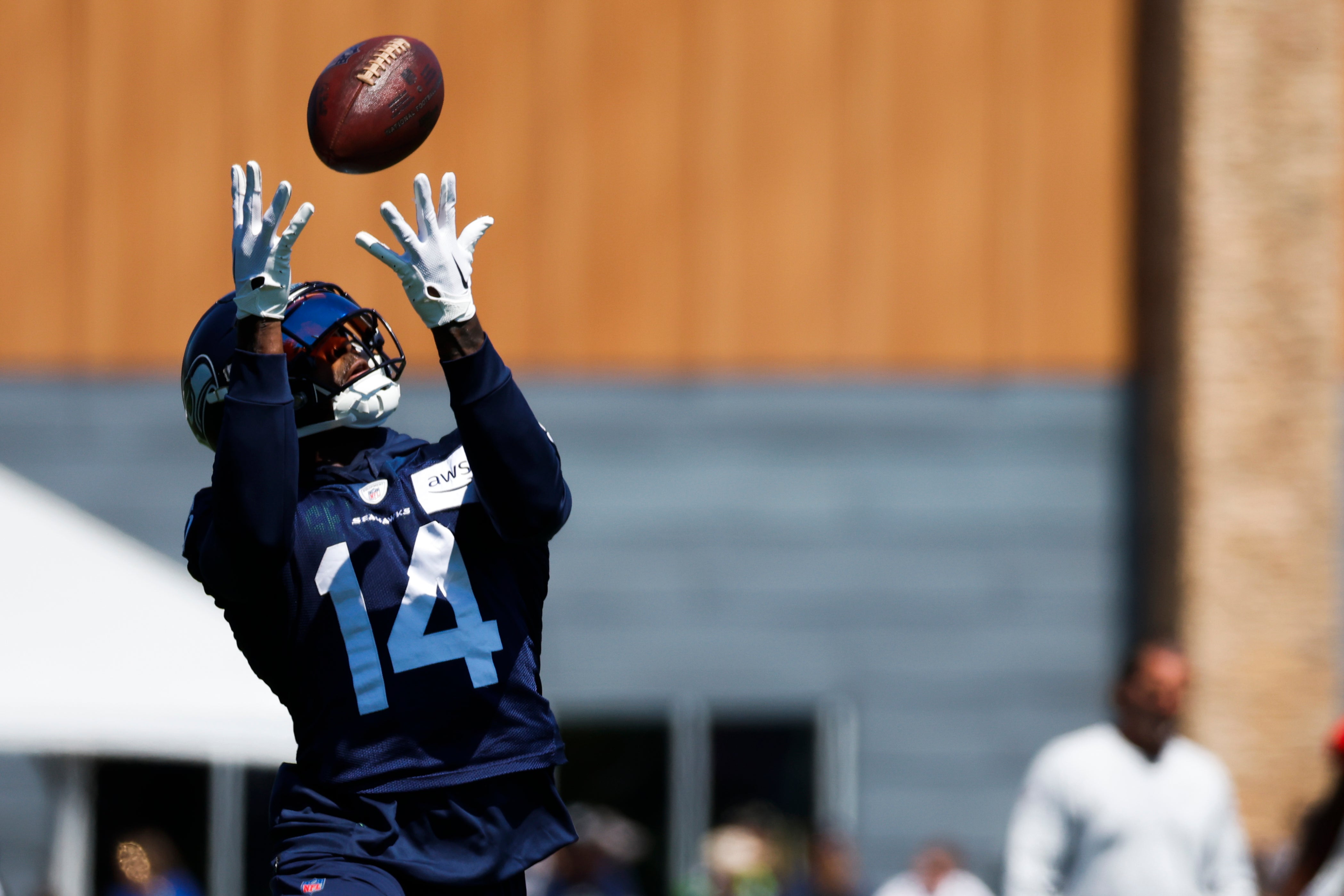 Jul 28, 2023; Renton, WA, USA; Seattle Seahawks wide receiver DK Metcalf (14) catches a pass during training camp practice at the Virginia Mason Athletic Center. Mandatory Credit: Joe Nicholson-USA TODAY Sports