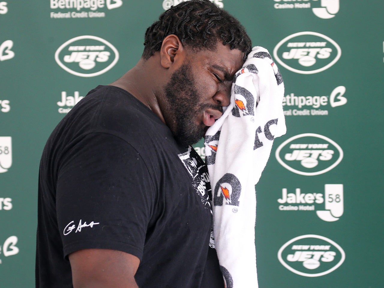 The Jets hold a press conference with temperatures in the 90 s in Florham Park, NJ on July 27, 2021 attended by offensive lineman Mekhi Becton talking about the start of training camp that starts at the Jets training facility tomorrow.