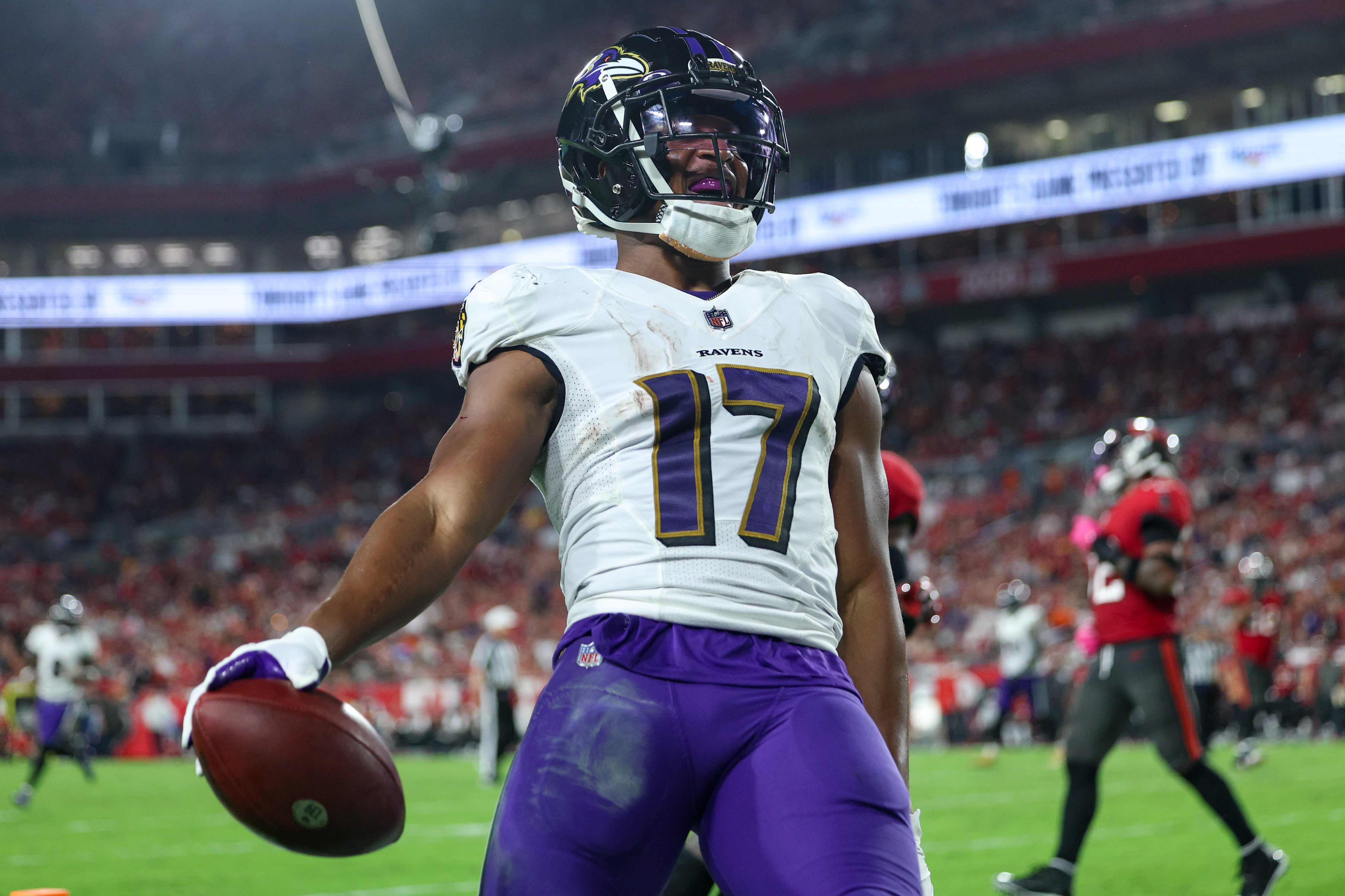 Oct 27, 2022; Tampa, Florida, USA; Baltimore Ravens running back Kenyan Drake (17) scores a touchdown against the Tampa Bay Buccaneers in the third quarter at Raymond James Stadium.