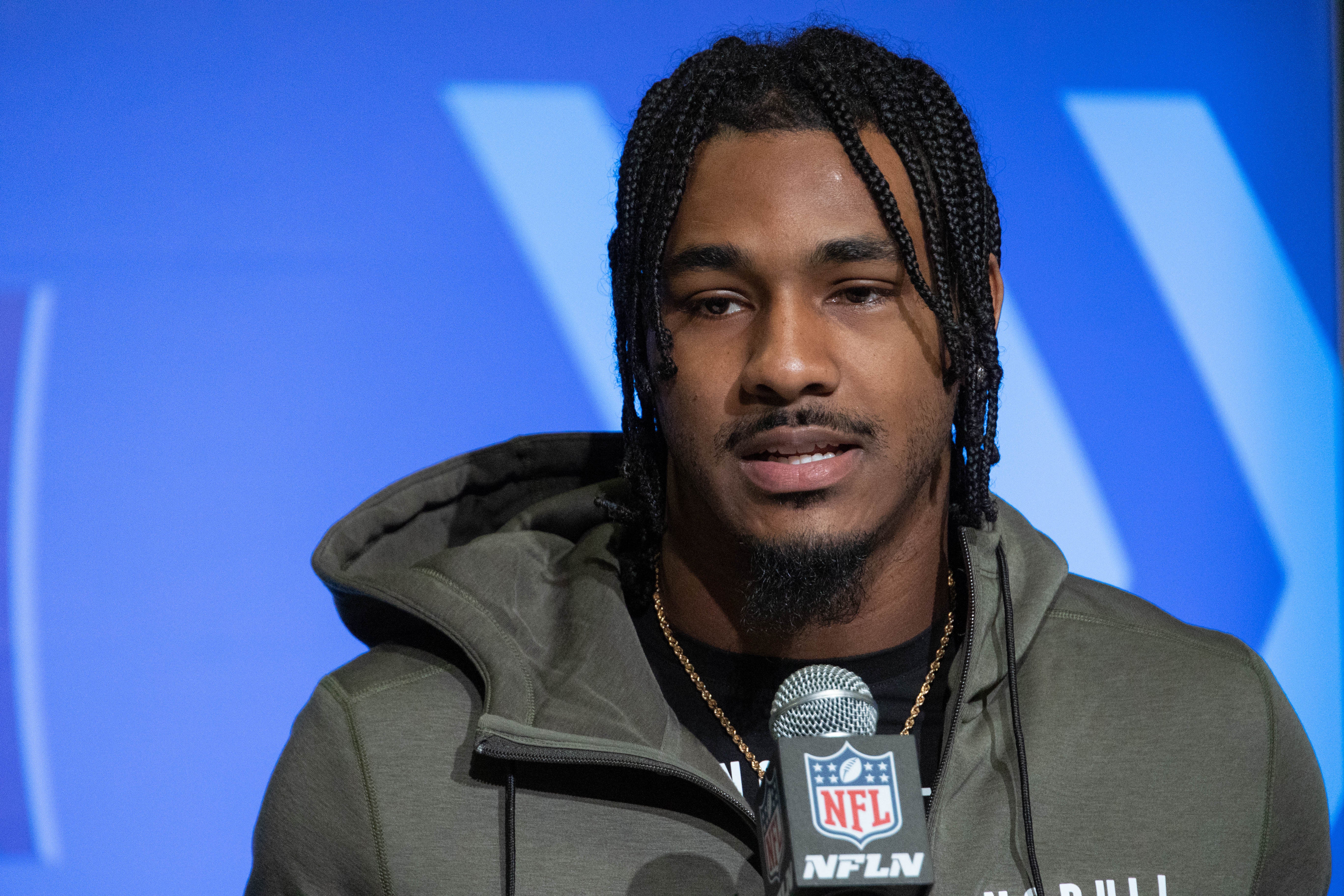 Mar 4, 2023; Indianapolis, IN, USA; Georgia running back Kenny Mcintosh (RB16) speaks to the press at the NFL Combine at Lucas Oil Stadium. Mandatory Credit: Trevor Ruszkowski-USA TODAY Sports