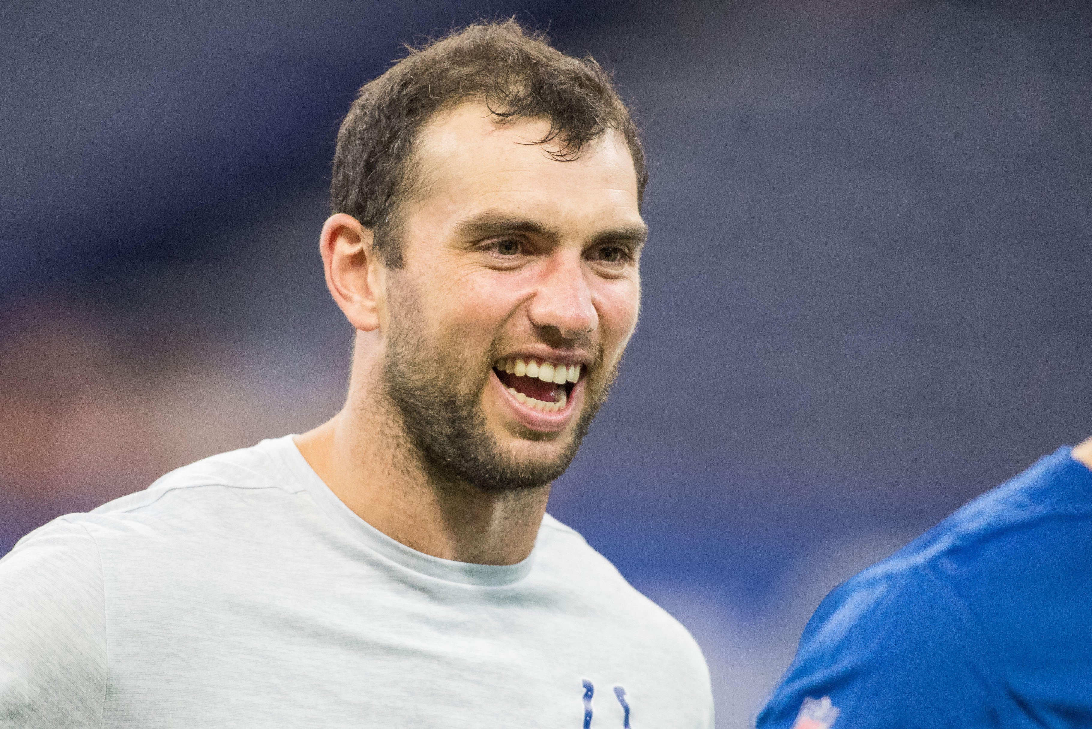 Aug 17, 2019; Indianapolis, IN, USA; Indianapolis Colts quarterback Andrew Luck (12) walks the field before the game against the Cleveland Browns at Lucas Oil Stadium.